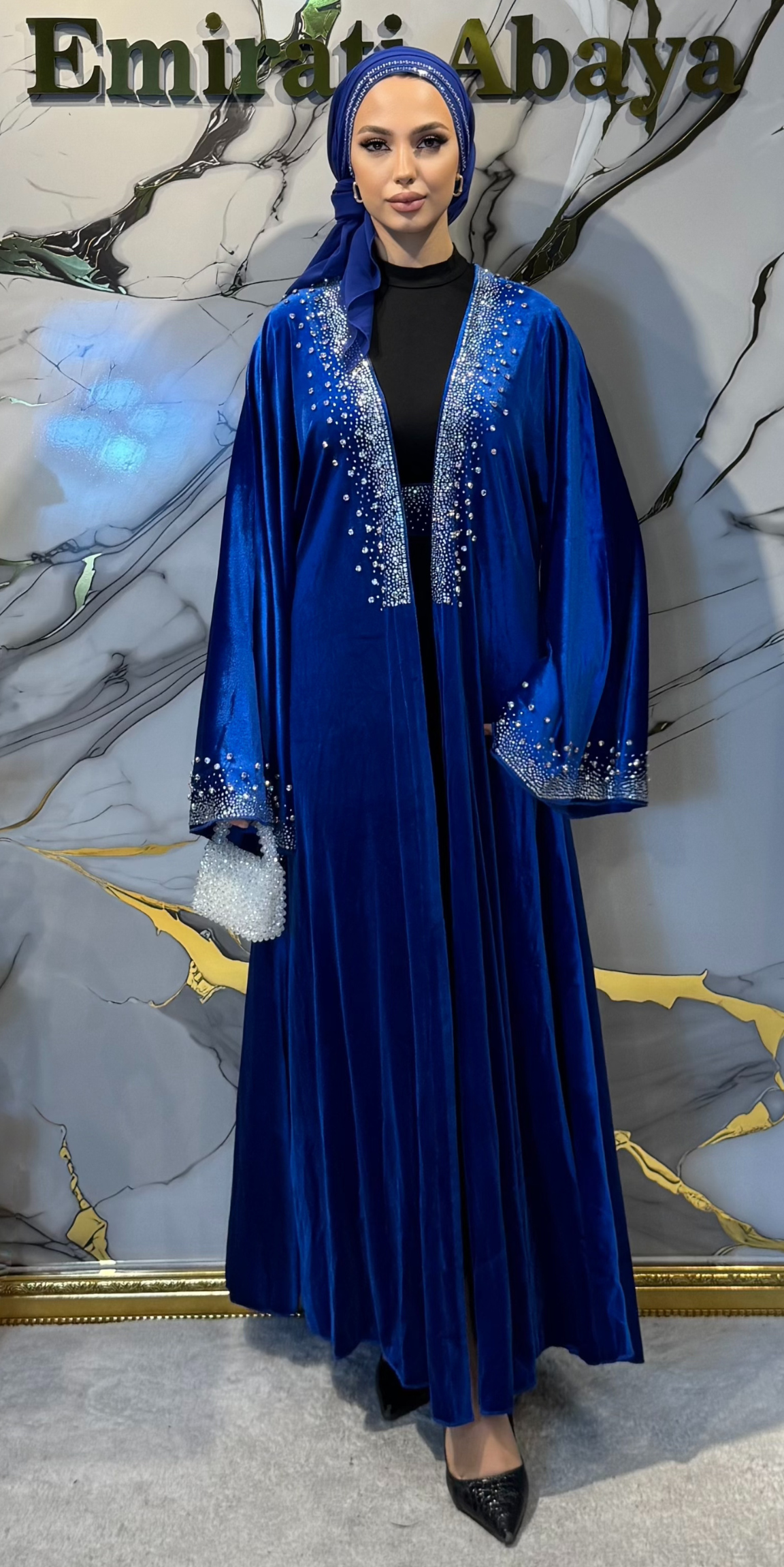 Elegant Blue Velvet Abaya with Crystal Embellishments - Shawl and Belt Included TM47 WSV BLUE