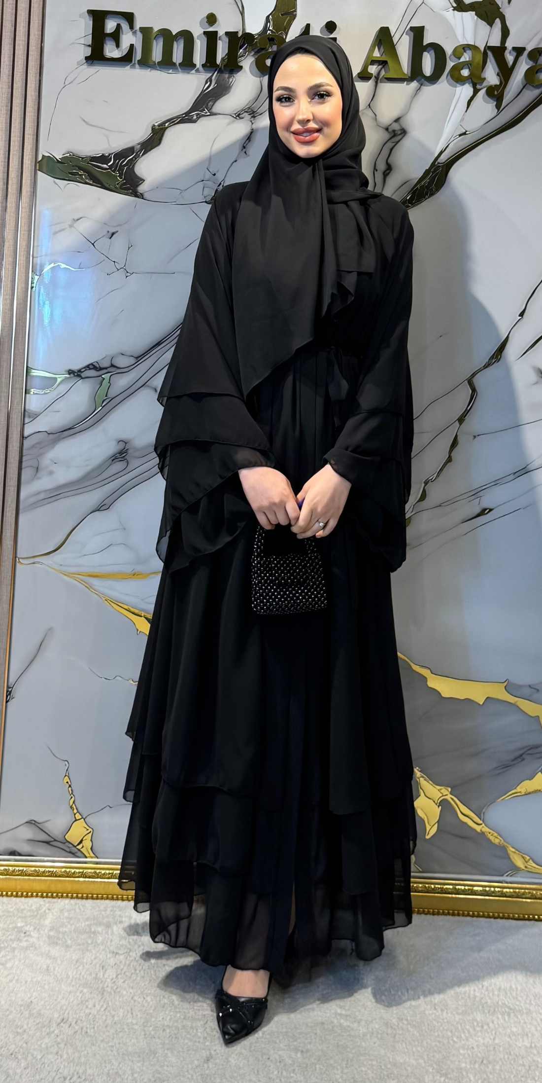 Siyah Taşsız Üç Katlı Şifon Abaya RK011