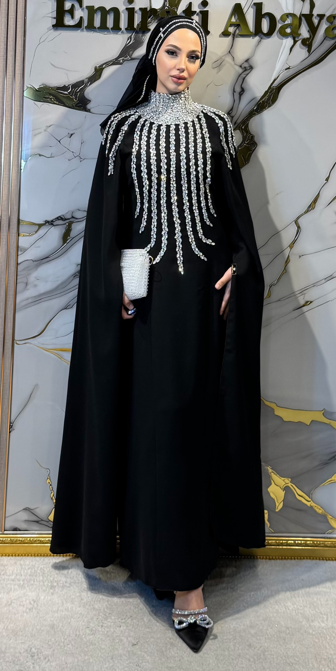 Handmade Black Dubai Fabric Abaya with White Stones | EF0019 WSDB