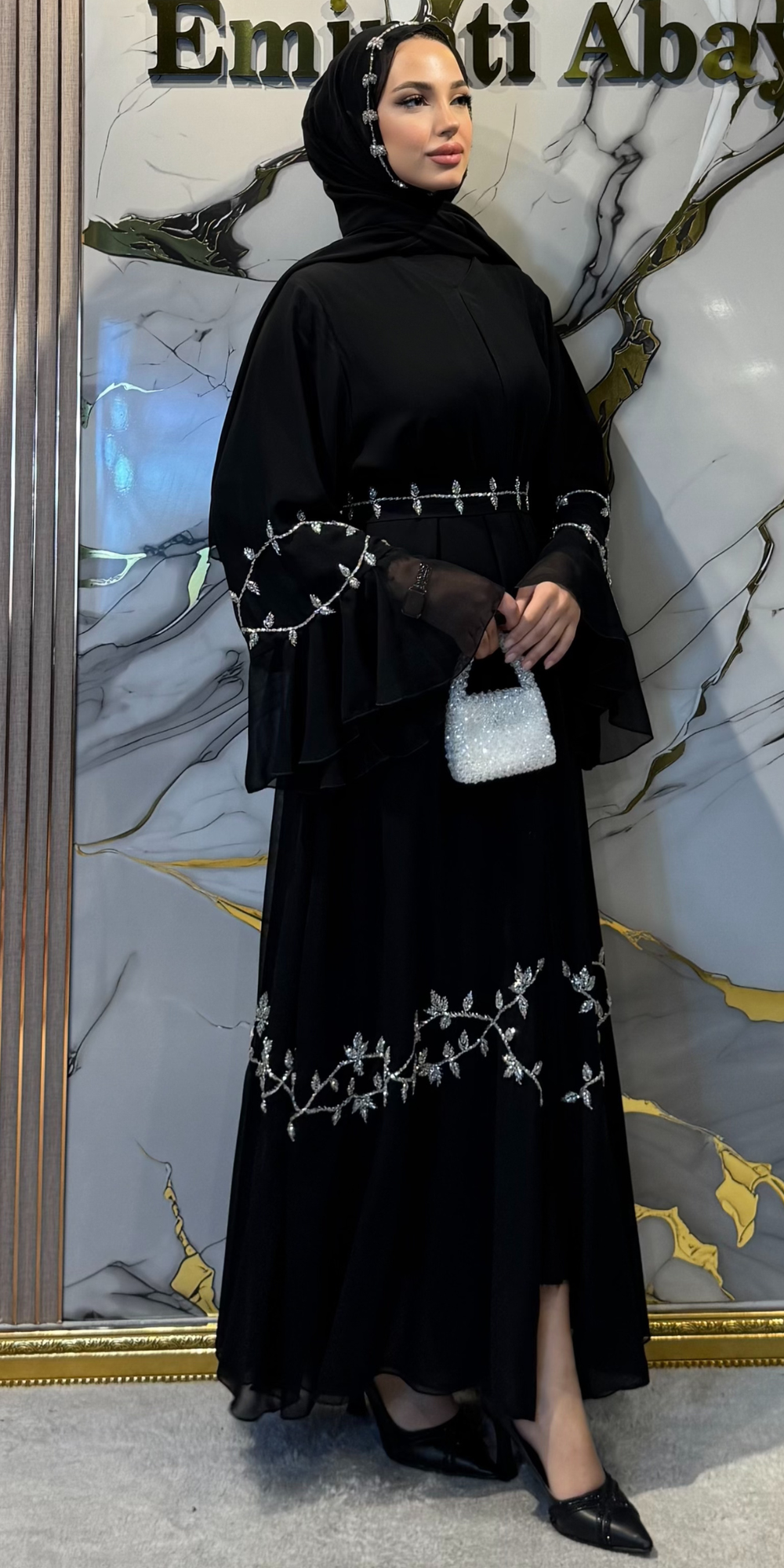 El İşçiliği Swarovski Taşlı Kore Şifon Dubai Stil Siyah Abaya | EF0021 WSB