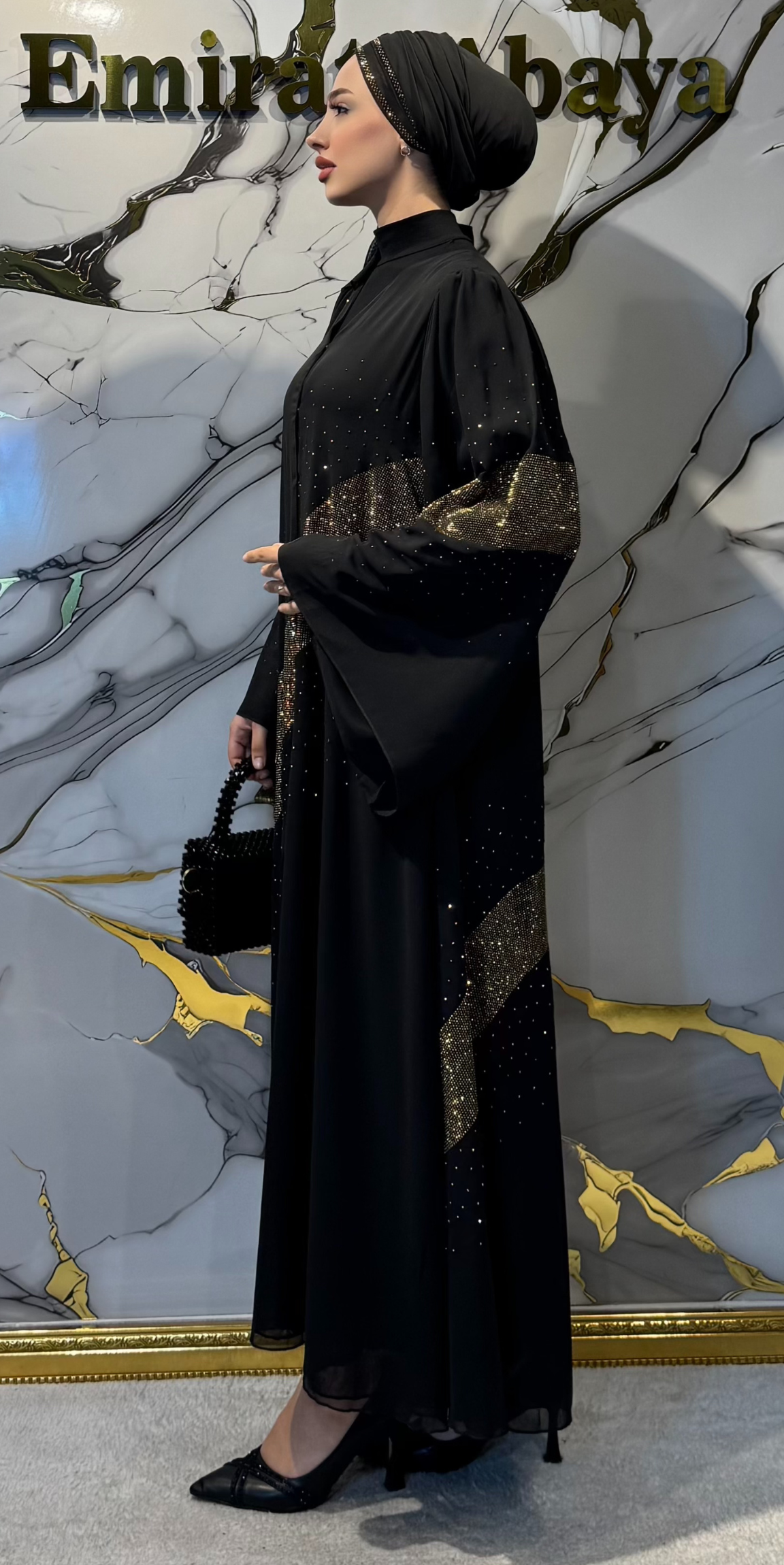 Çapraz Gold Taşlı Siyah Şifon Abaya | Lüks Düğün Abayası TM35 GSDB