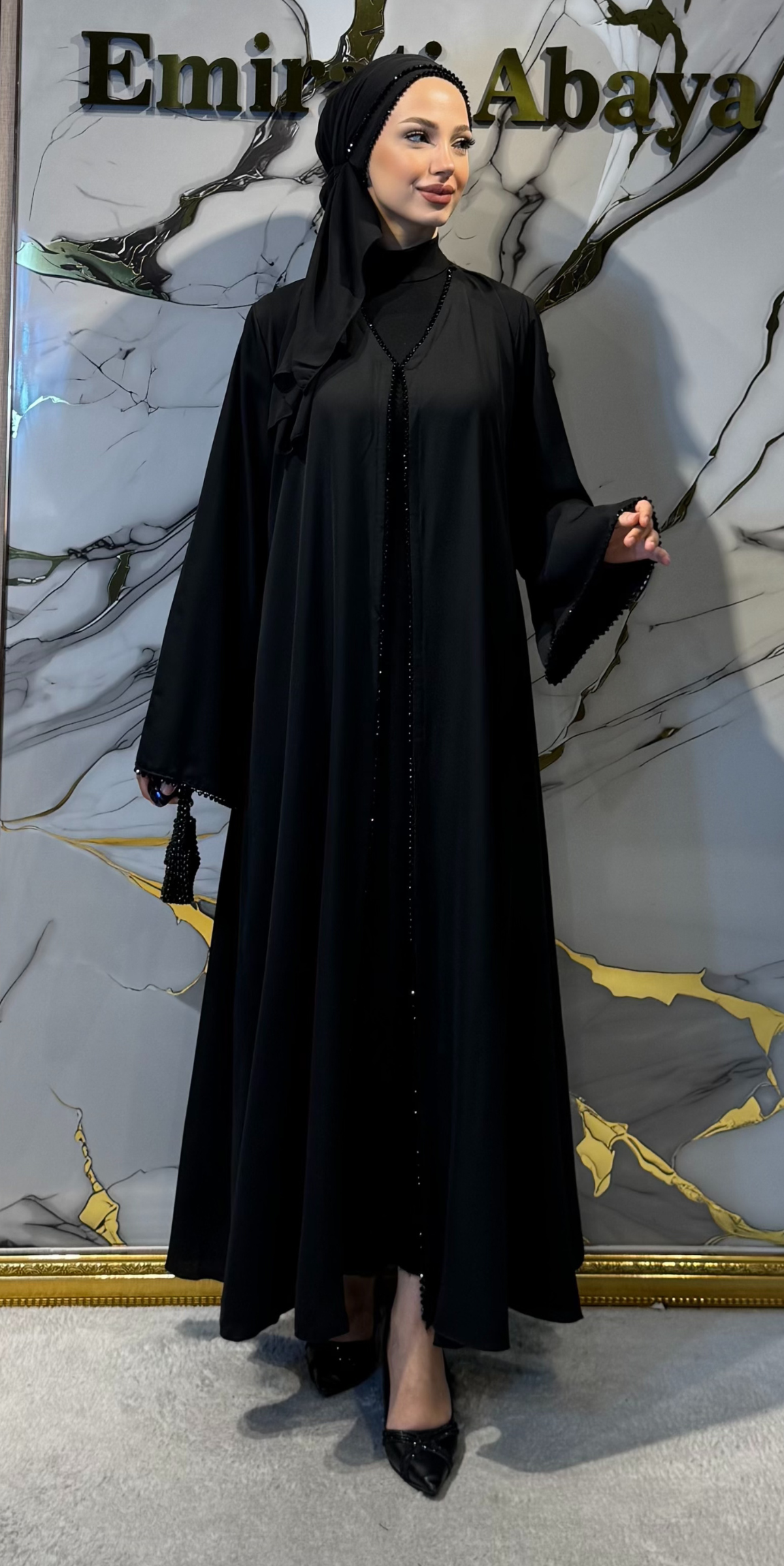 Siyah Taşlı Dubai Kumaş Abaya | TM026 HM BLACK