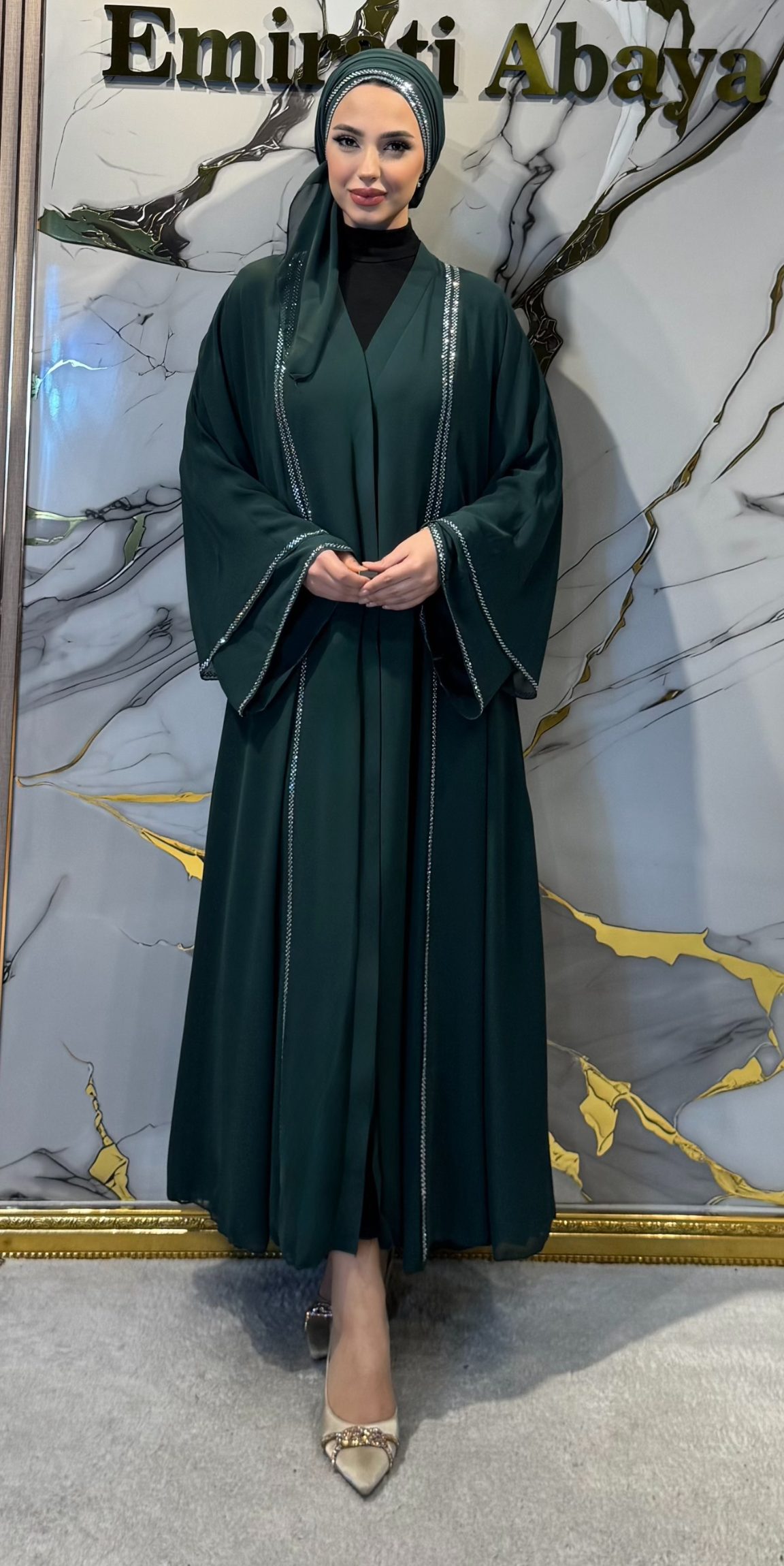 Front Slit Abaya with Swarovski Crystals Green TM06 WS Green