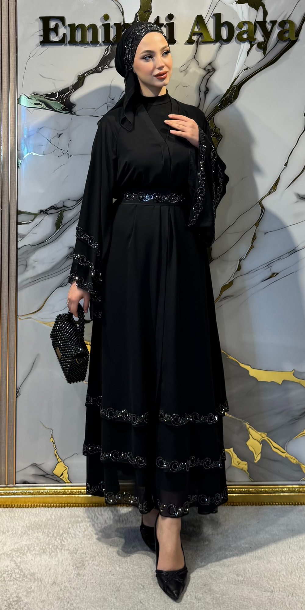 Üç Katlı Hematit Taşlı Siyah Şifon Abaya |LY02 HSB