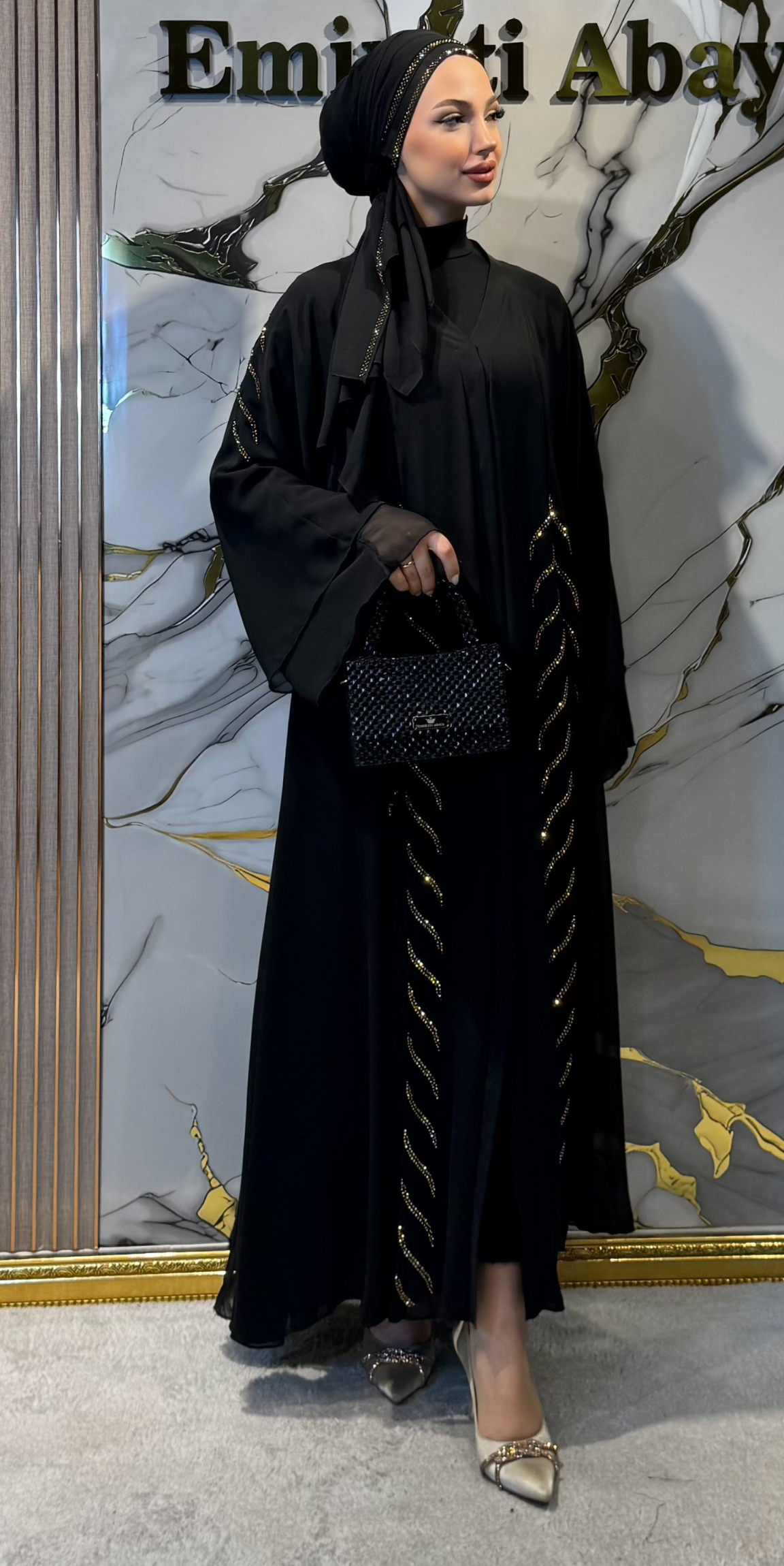 Black Abaya with Front Slit and Gold Embellishments - Elegant Chiffon Model TM06 GSB TICK