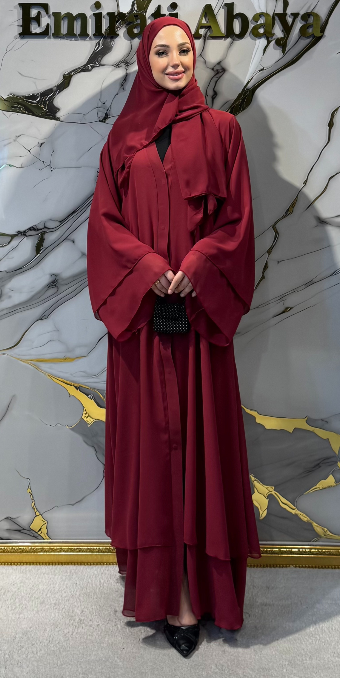 İki Katlı Swarovski Taşlı Bordo Abaya - Çıtçıtlı Zarif Model RK009 BORDO