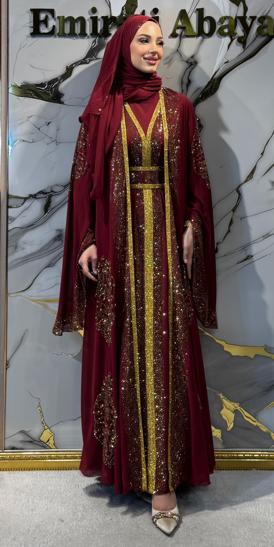 Premium Bordo Yöresel Abaya Takımı WS57 GS BORDO - 4 Parça Lüks Set (Altın Taşlı Kemer, Şal ve Sandy İçlik Dahil)