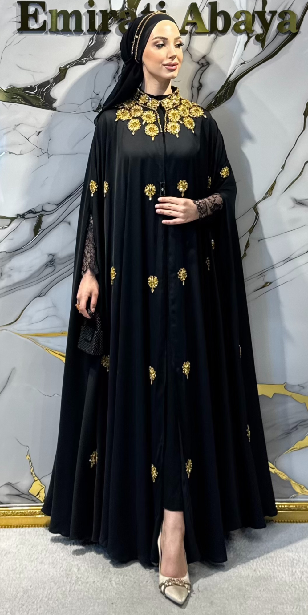 El Yapımı Gold Çiçek Taşlı Siyah Dubai Abaya | EF0011 GSB
