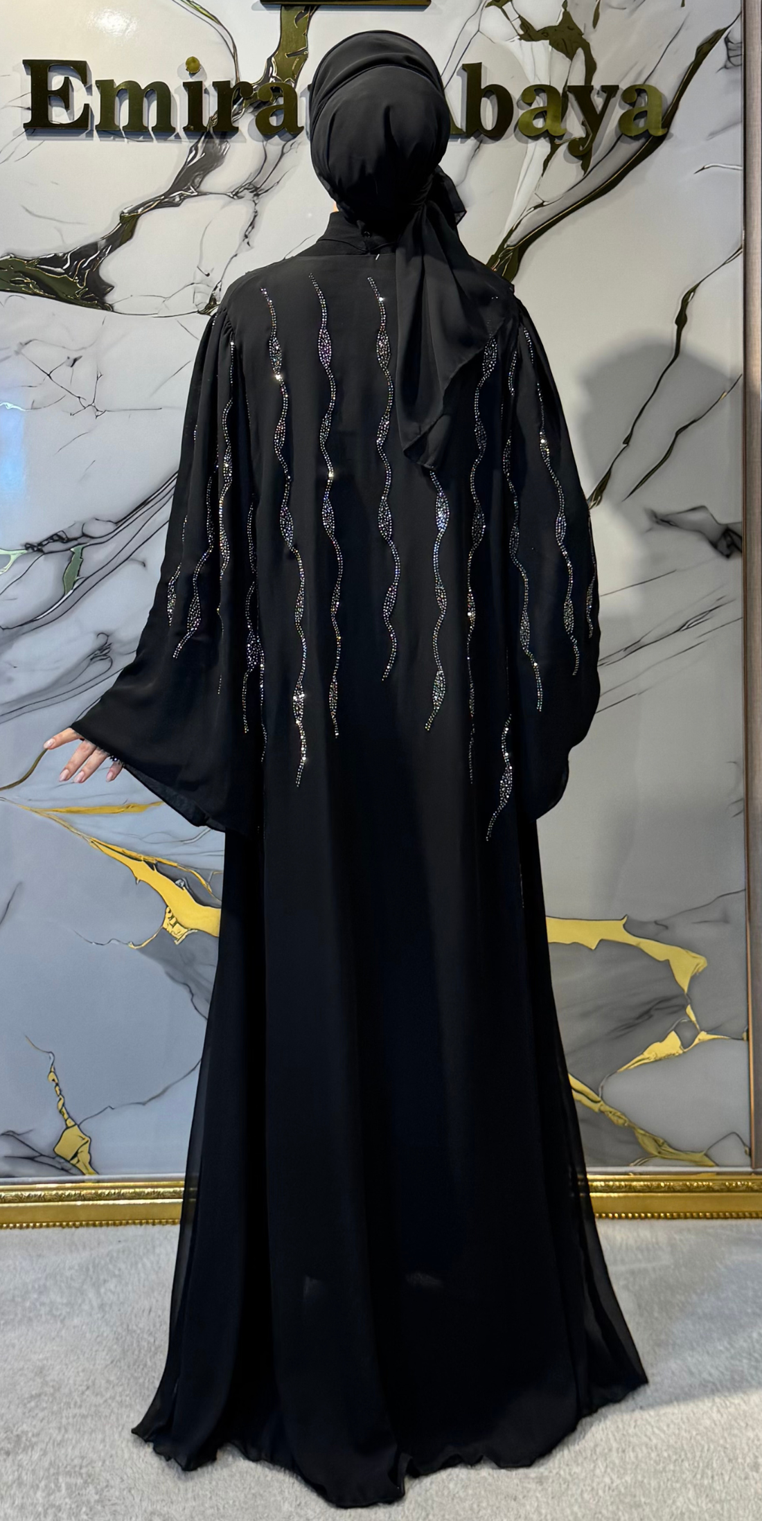 Lüks Ağaç Kökü Desenli Hematit Taşlı Siyah Şifon Abaya