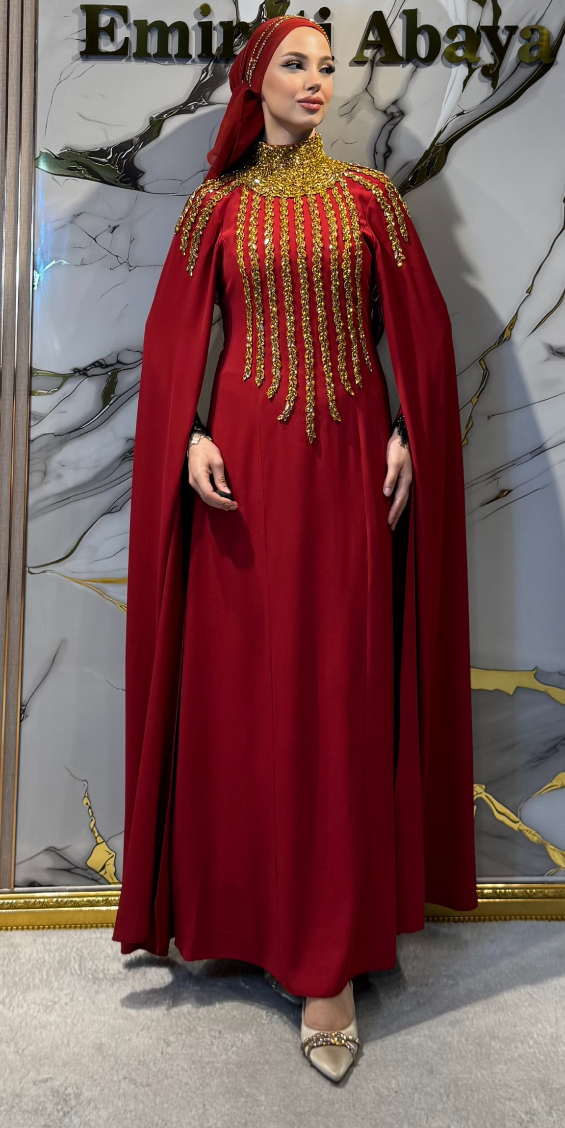 Handmade Gold Embellished Burgundy Dubai Fabric Abaya | Ef0019 GSD Bordo