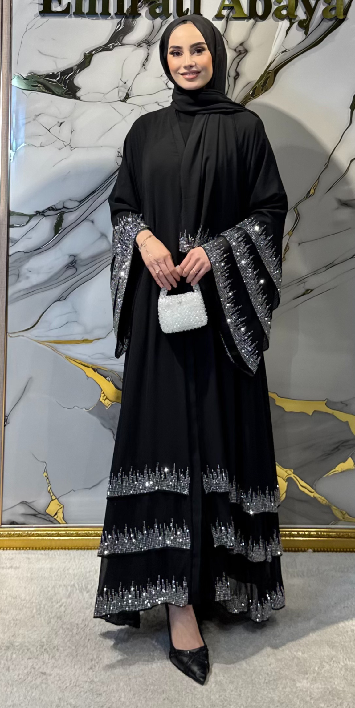 Etek Uçları Swarovski Taşlı Çıtçıtlı Siyah Abaya TM22 WSB - Şal Dahil Zarif Model