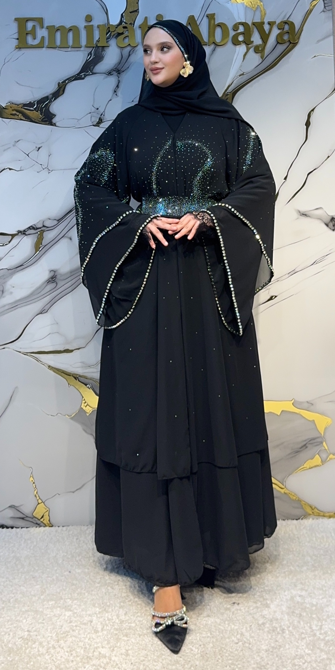 Beyaz Taşlı Kemerli Katlı Siyah Şifon Abaya Emirati Abaya | LY48 WSB