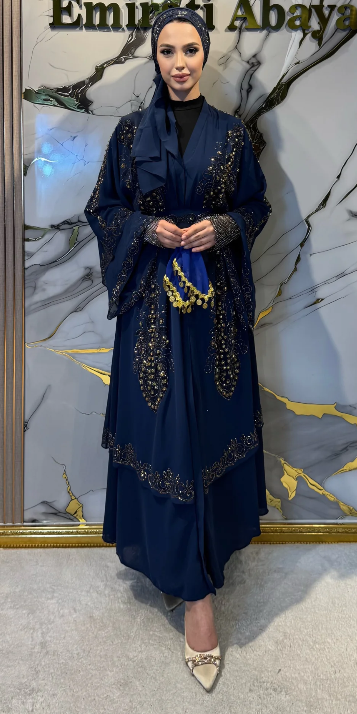 Çift Katlı Altın Taşlı Lacivert Şifon Abaya LY14 GSL - Taşlı Kemer ve Şal Dahil