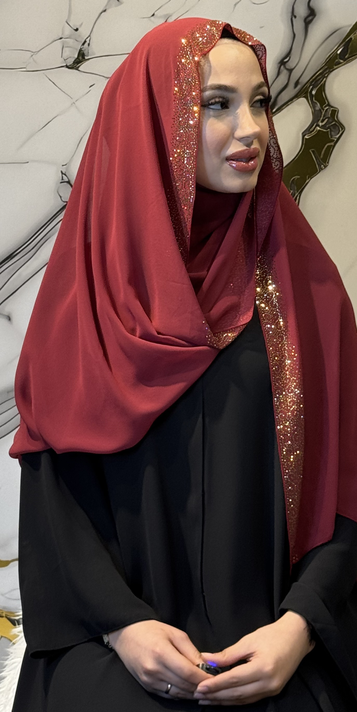Bordo Gold Taşlı Şifon Şal