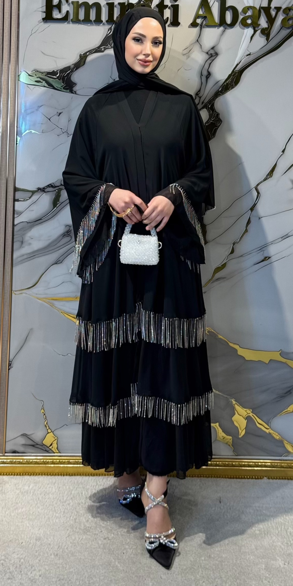 Etek Uçları Kristal Püsküllü Üç Katlı Abaya RK011 Püskül Black - Çıtçıtlı Zarif Model