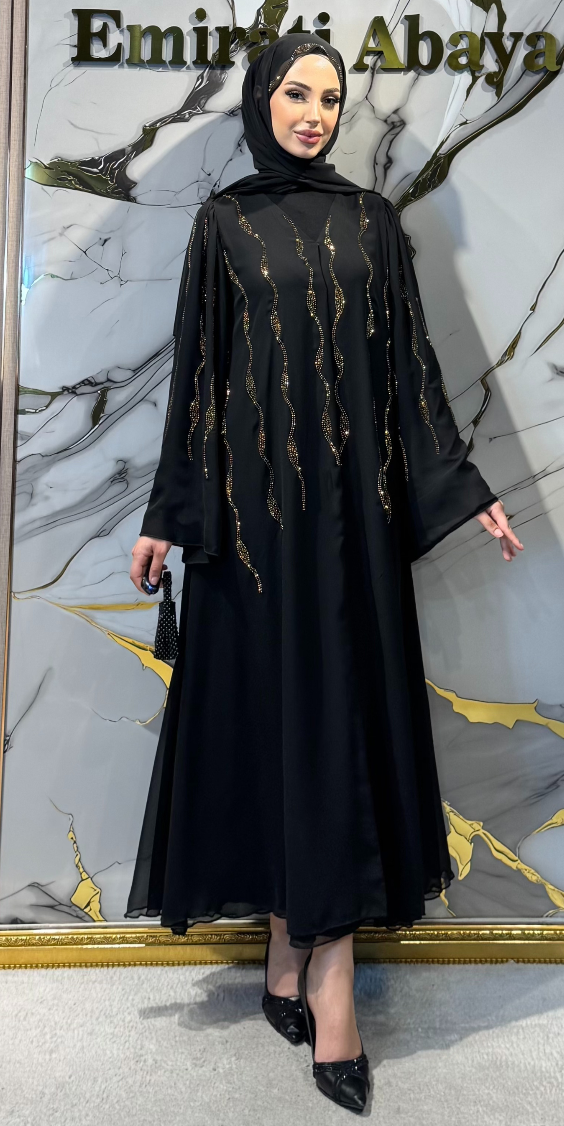 Ağaç Kökü Desenli Gold Taşlı Siyah Şifon Abaya | TM49 GSB