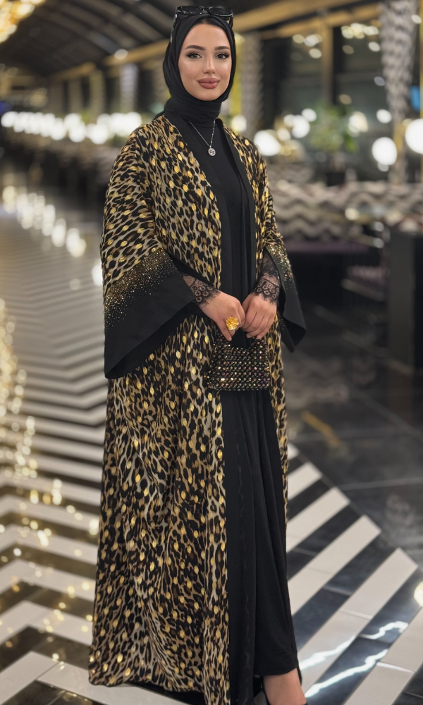 Kolları Gold Taşlı Leopar Kimono Abaya