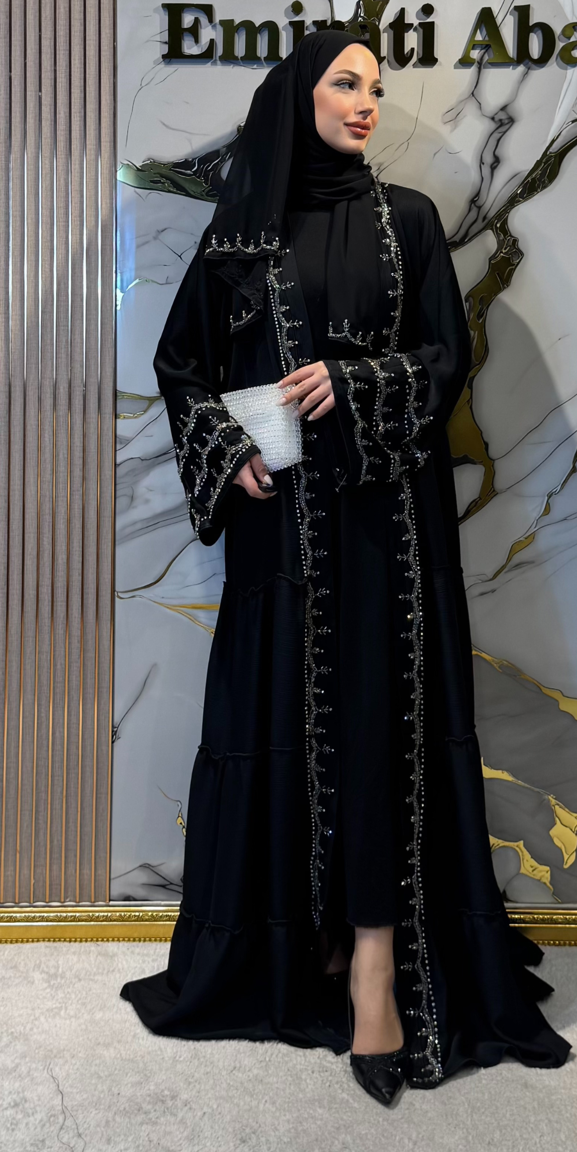 Open Front Hand Embroidered Dubai Style Black Abaya M4 WSB - Elegant and Unique Craftsmanship Model
