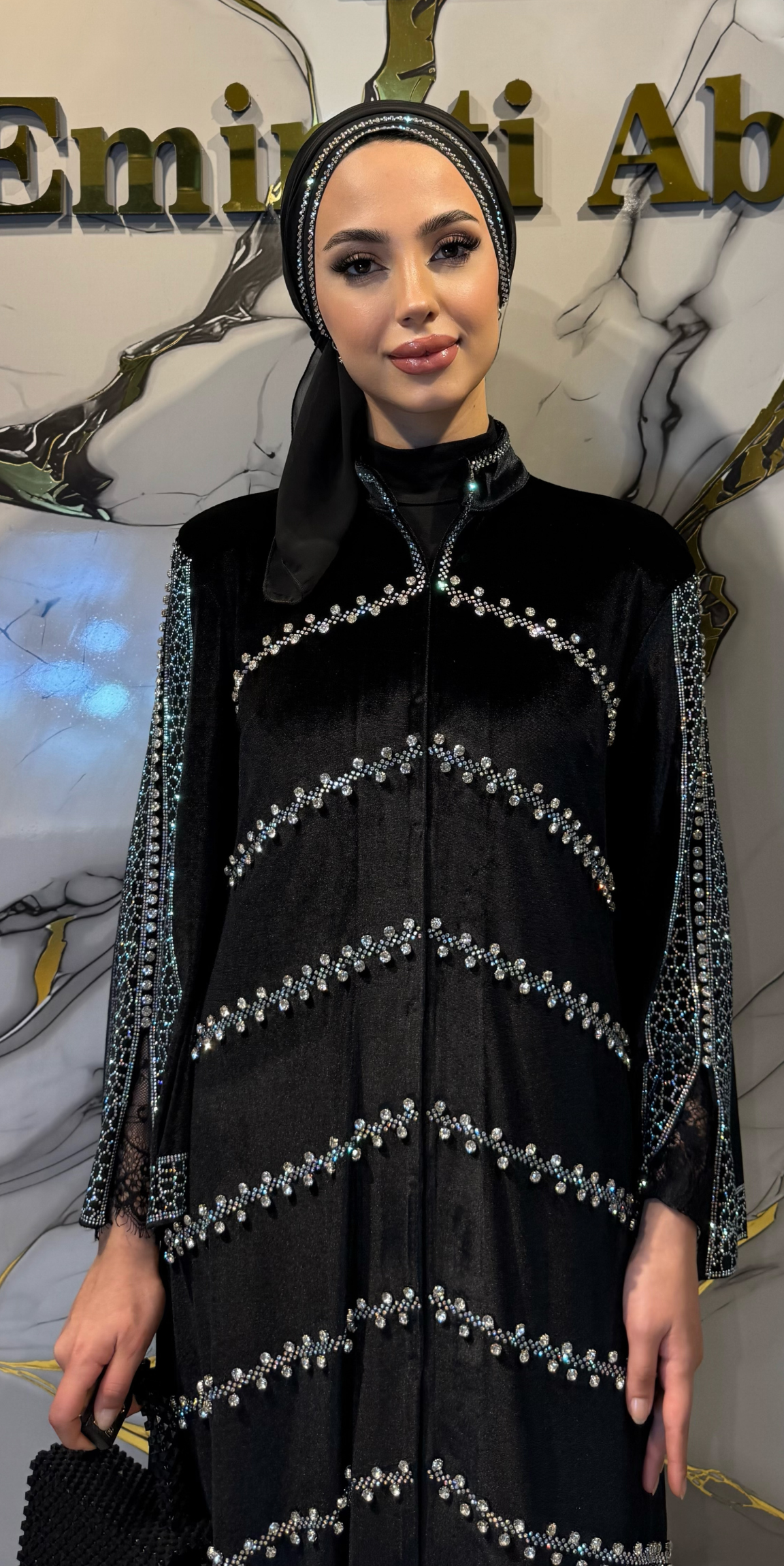 Jan Jan Taşlı Siyah Kadife Dubai Stil Abiye | WS15 JSVB