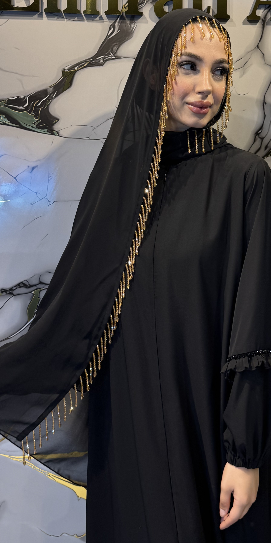 Siyah Kore Şifon Altın Taşlı Şal 180x75cm SAL18 BSB - Premium Zarif Model