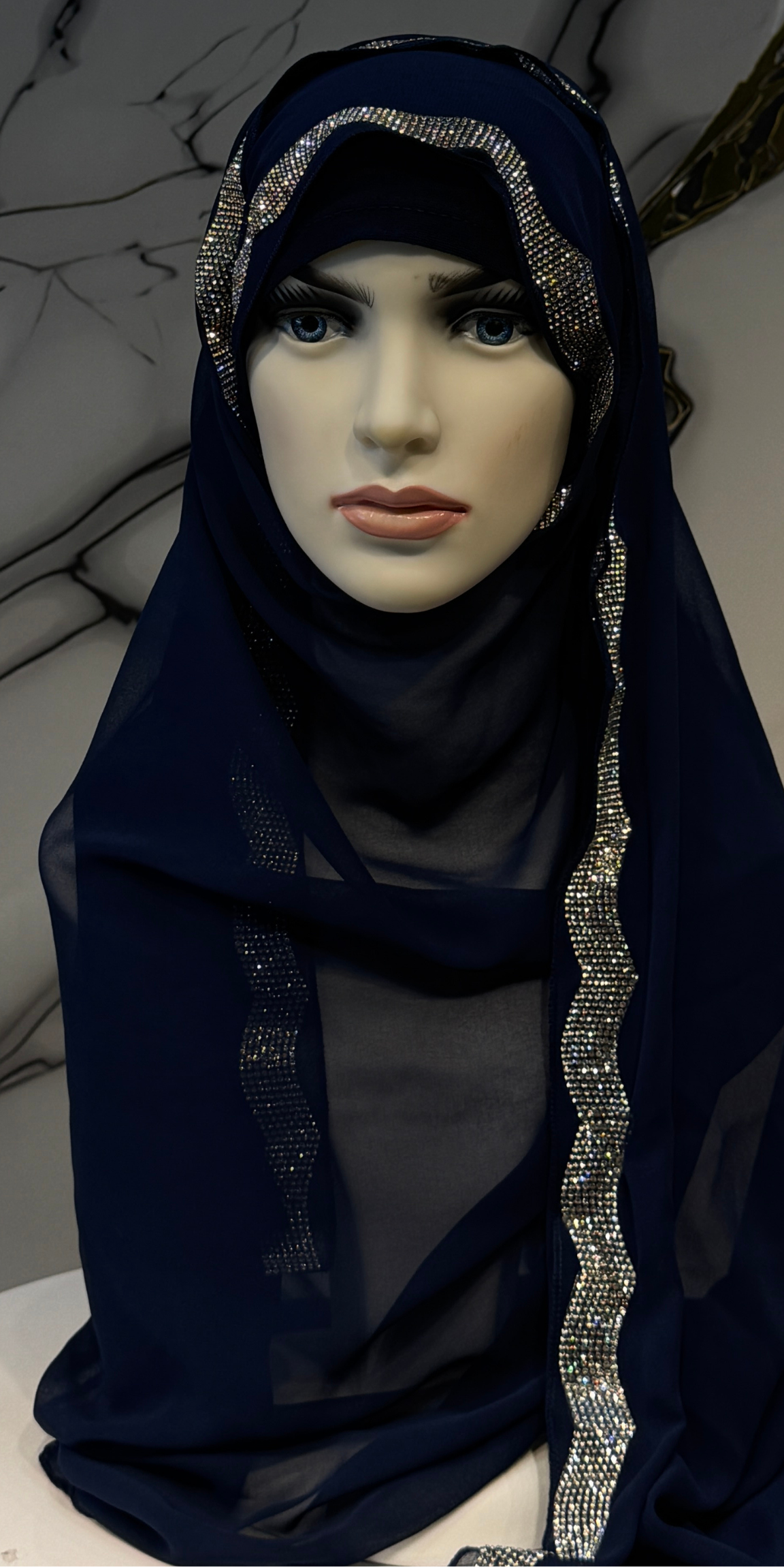 Beyaz Taşlı Lacivert Şifon Şal Emirati Abaya | ŞAL55 WSL