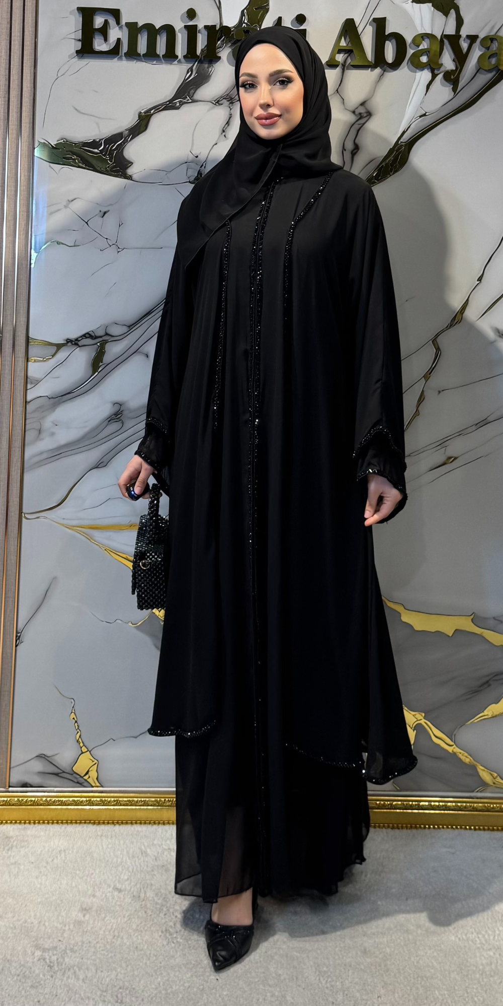 Handmade Black Beaded Abaya M12 BS Black - Elegant Model with Button Closure