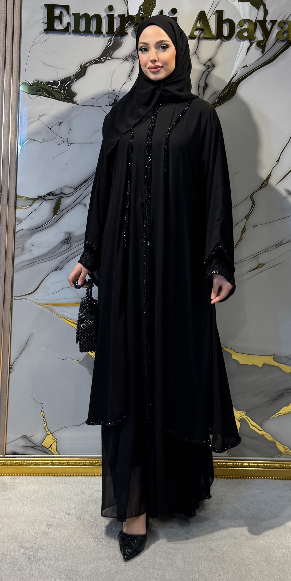 El İşçiliği Siyah Boncuklu Abaya M12 BS Black - Kopçalı Zarif Model