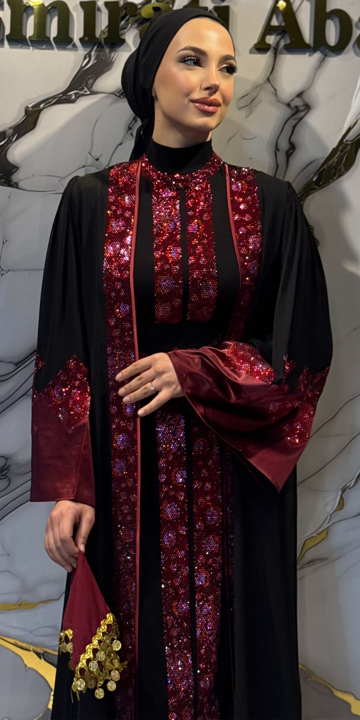 Black Open Abaya with Red Embroidered 