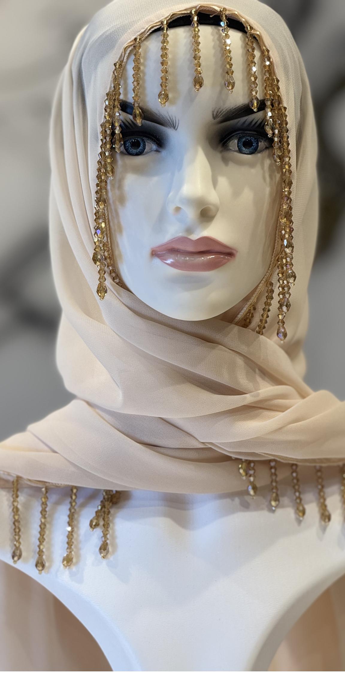 Cream Chiffon Scarf with Tassels and Gold Stones, Face Frame with Tassel Detail | SAL18 GSKREM
