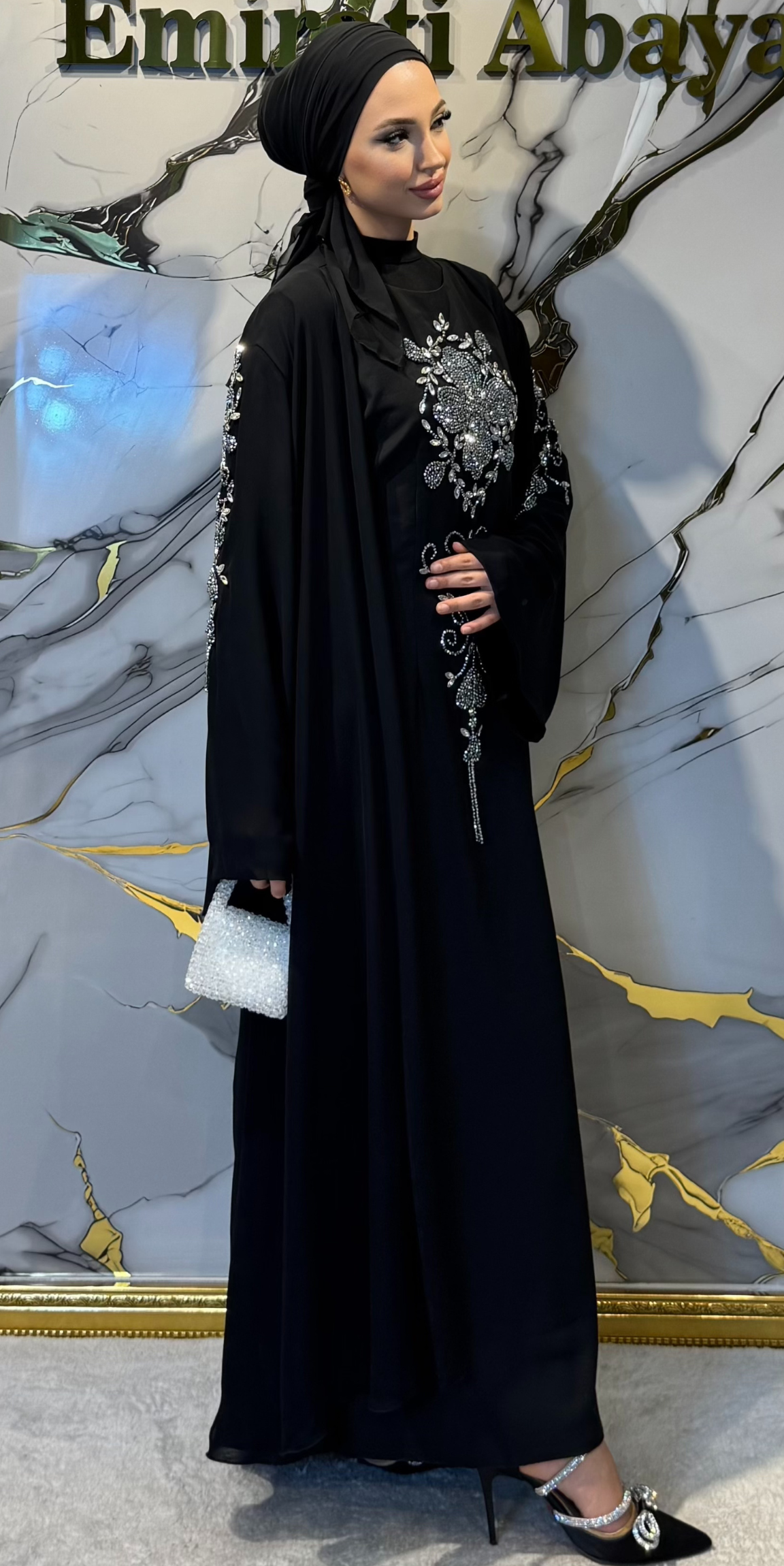 El İşçiliği Swarovski Taşlı Siyah Kore Şifon Dubai Tasarım Abaya | EF006 WSB