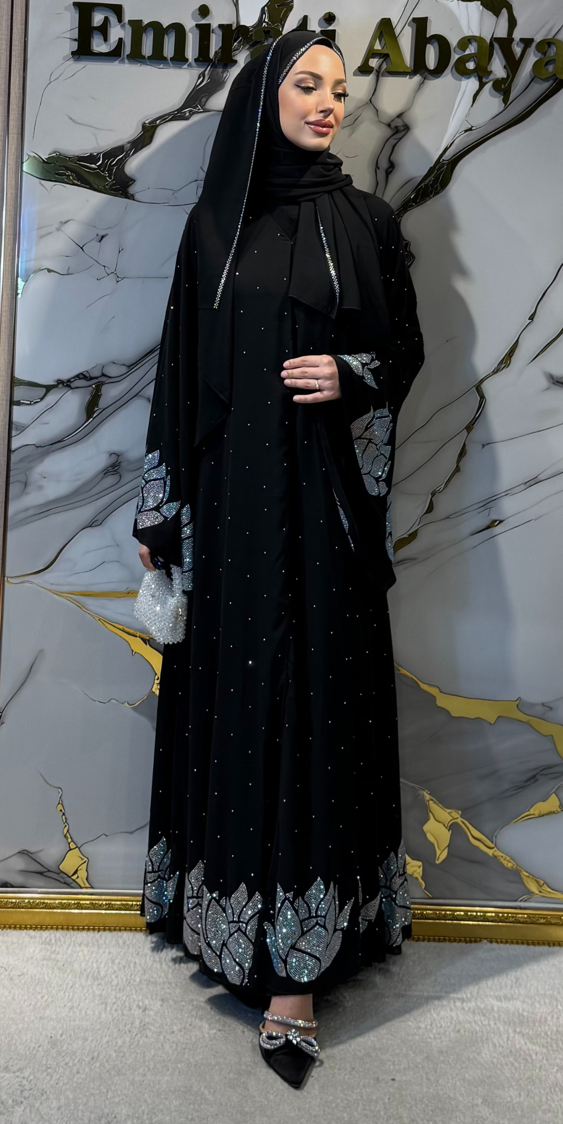 JanJan Taşlı Detaylı Siyah Şık Abaya - Lotus Desenli Zarif Model TM025 JSB