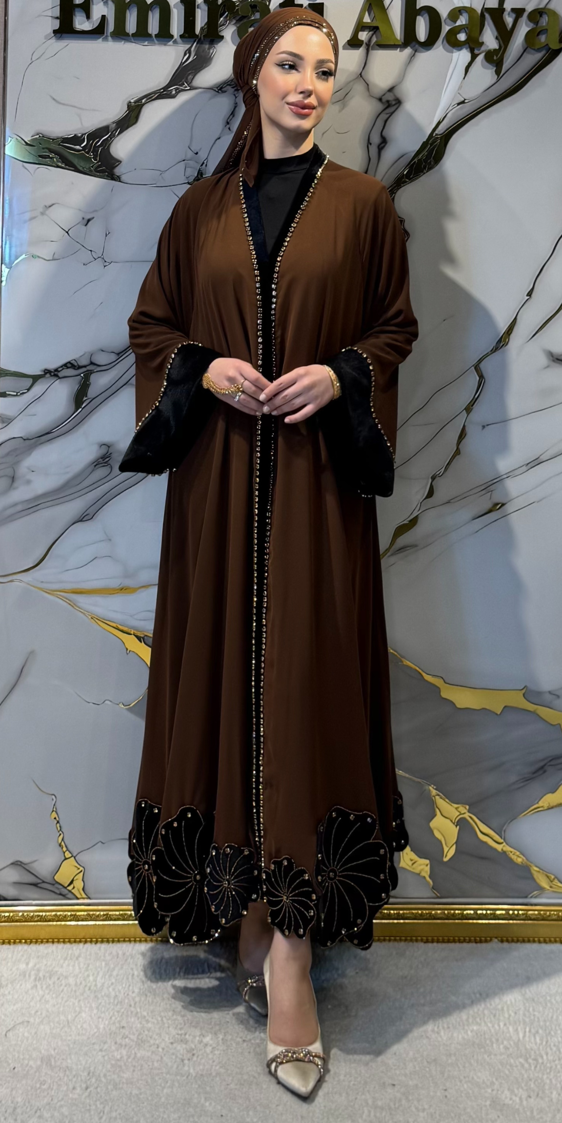 Brown Chiffon Abaya with Floral Embellishments on the Hem and Black Velvet Details | WS60 GSK