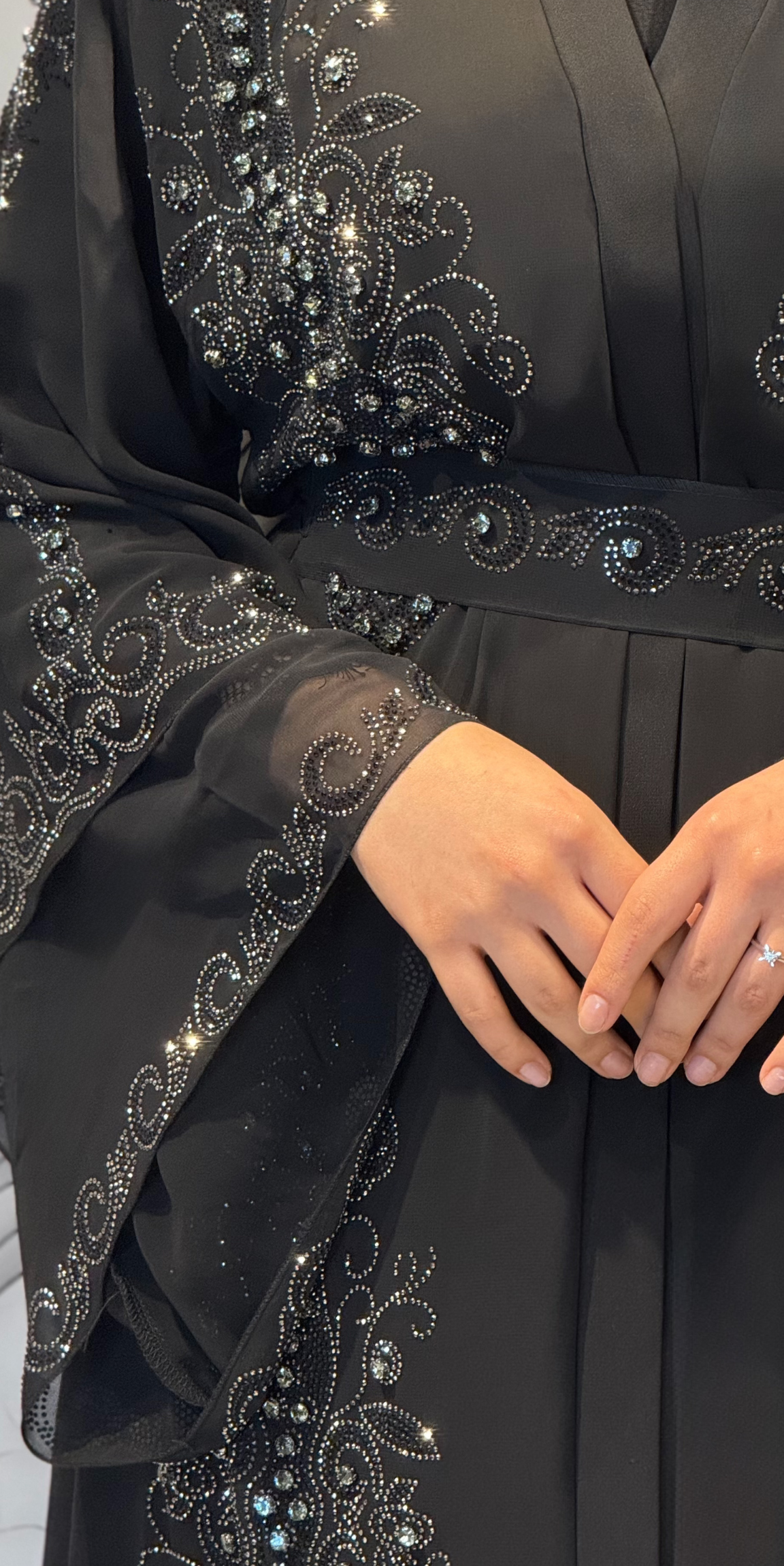 Lüks Çift Katlı Şifon Hematit Taş İşlemeli Abaya LY14 HSB