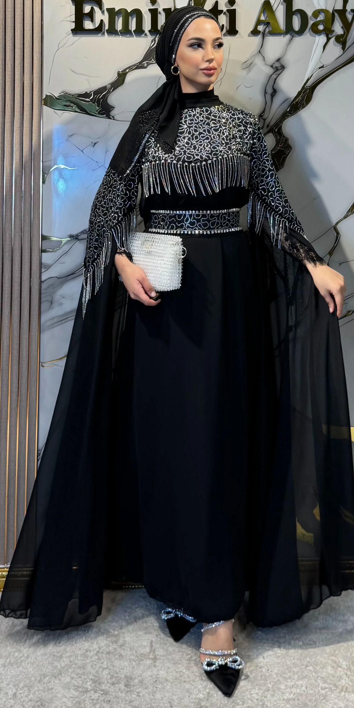 Siyah Şifon Beyaz Taşlı Uzun Kollu Abaya | WS56 WSB