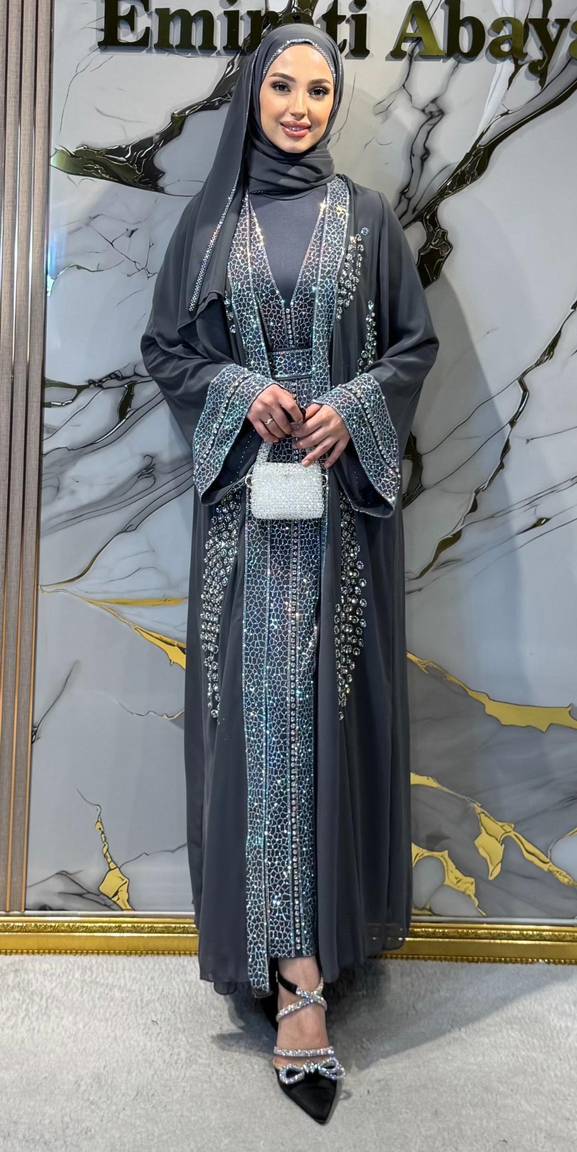 Open-Front Traditional Grey Set with Crystal Embellishments | 4-Piece Set