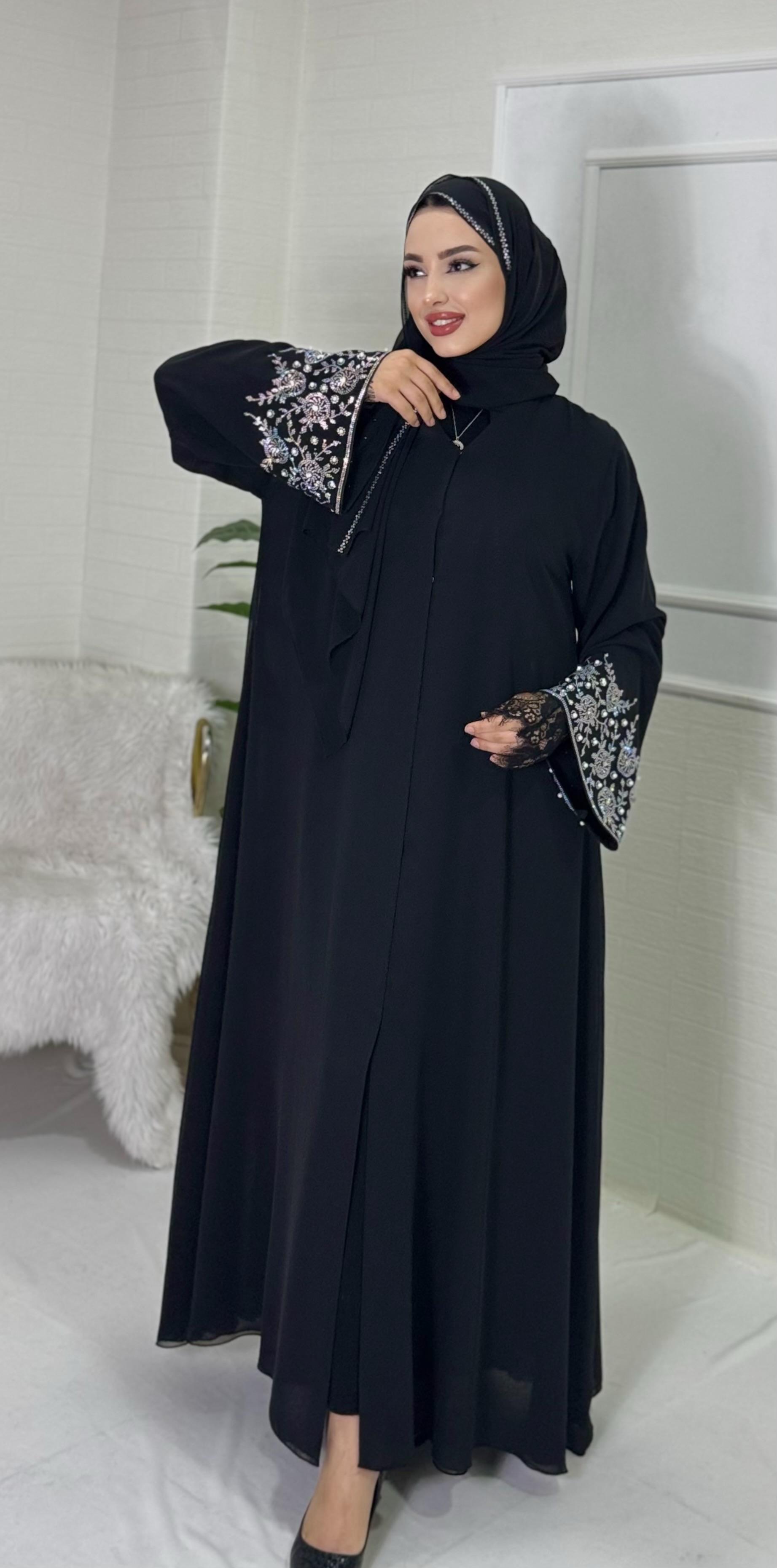 Black Abaya with Swarovski Stone Pattern on Sleeves