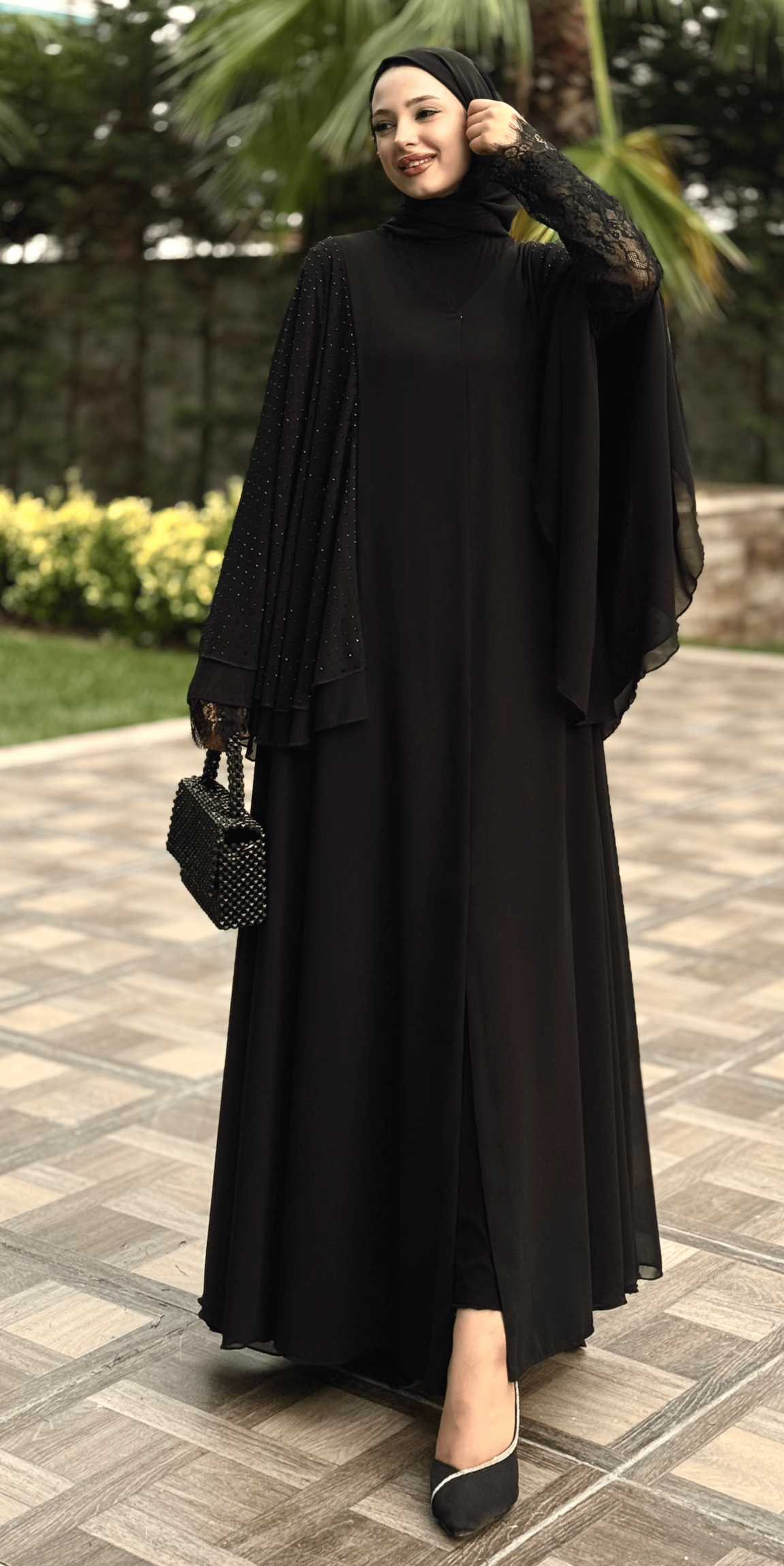 Elegant Black Abaya with Butterfly Sleeves & Swarovski Accents