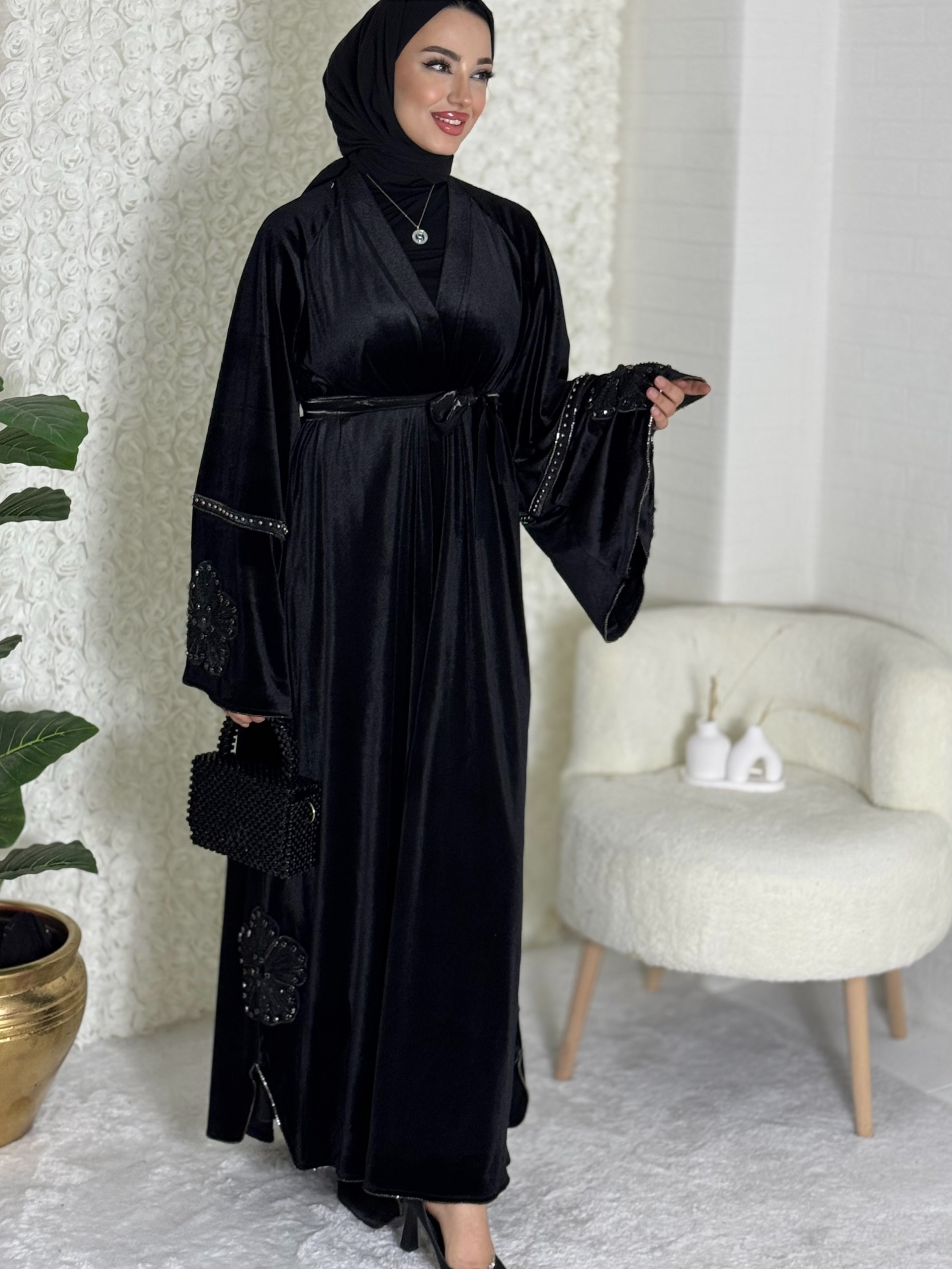 Black Stylish Abaya with Flower Detail on Sleeves