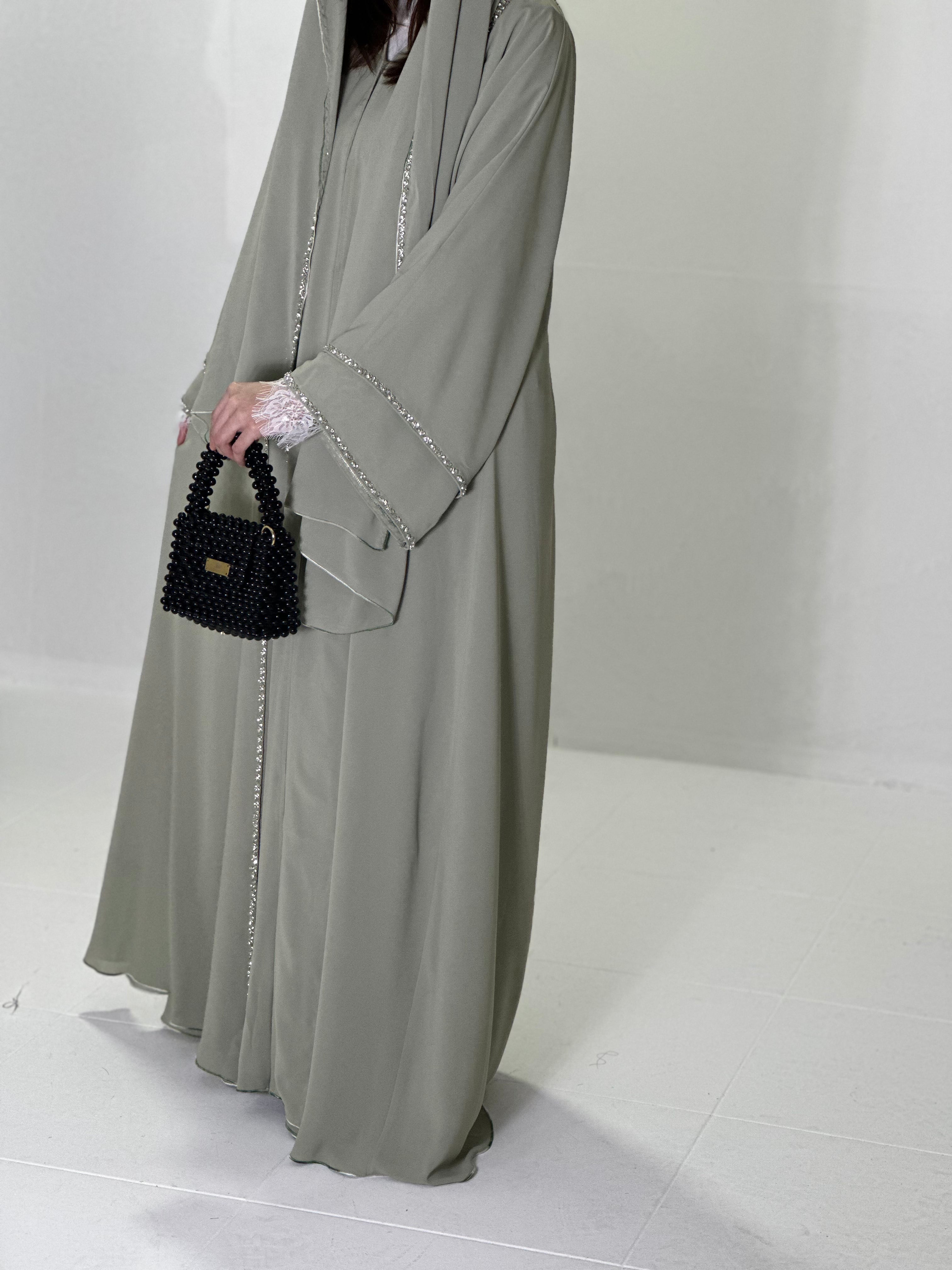 Enchanting Olive: Chiffon Abaya Adorned with Full Handmade Stone Embellishments