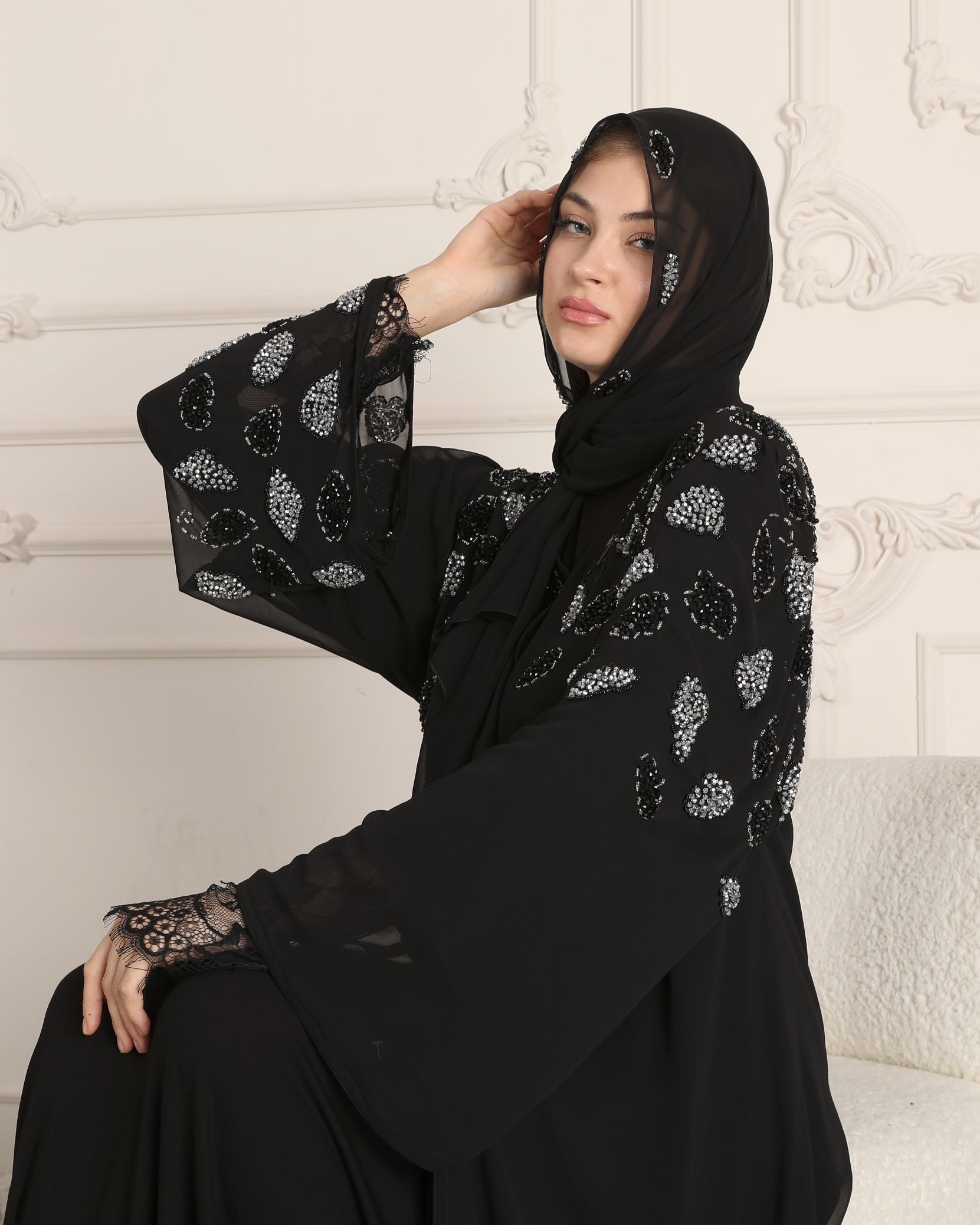 Timeless Elegance: Black Chiffon Abaya with Handmade Stones