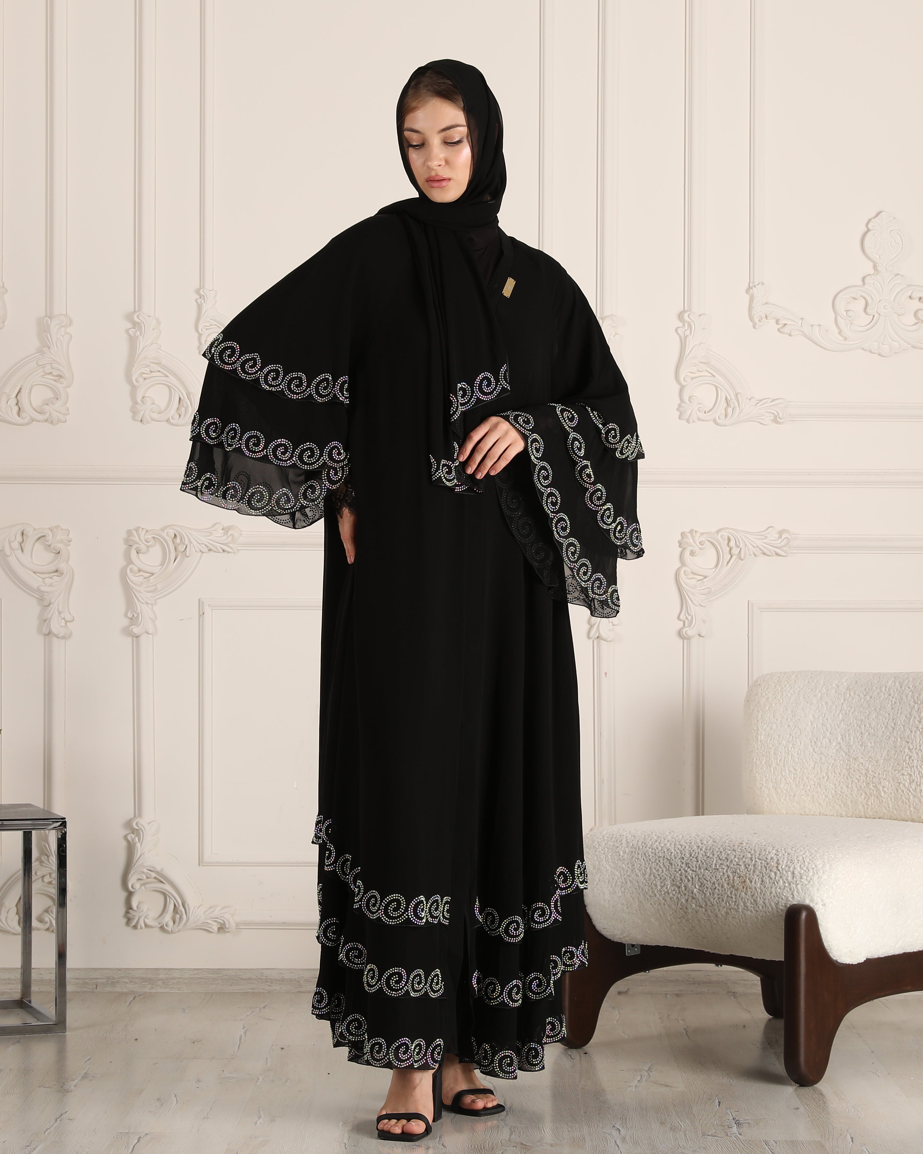 Elegance in Black: Chiffon Abaya with Stone Embroidery