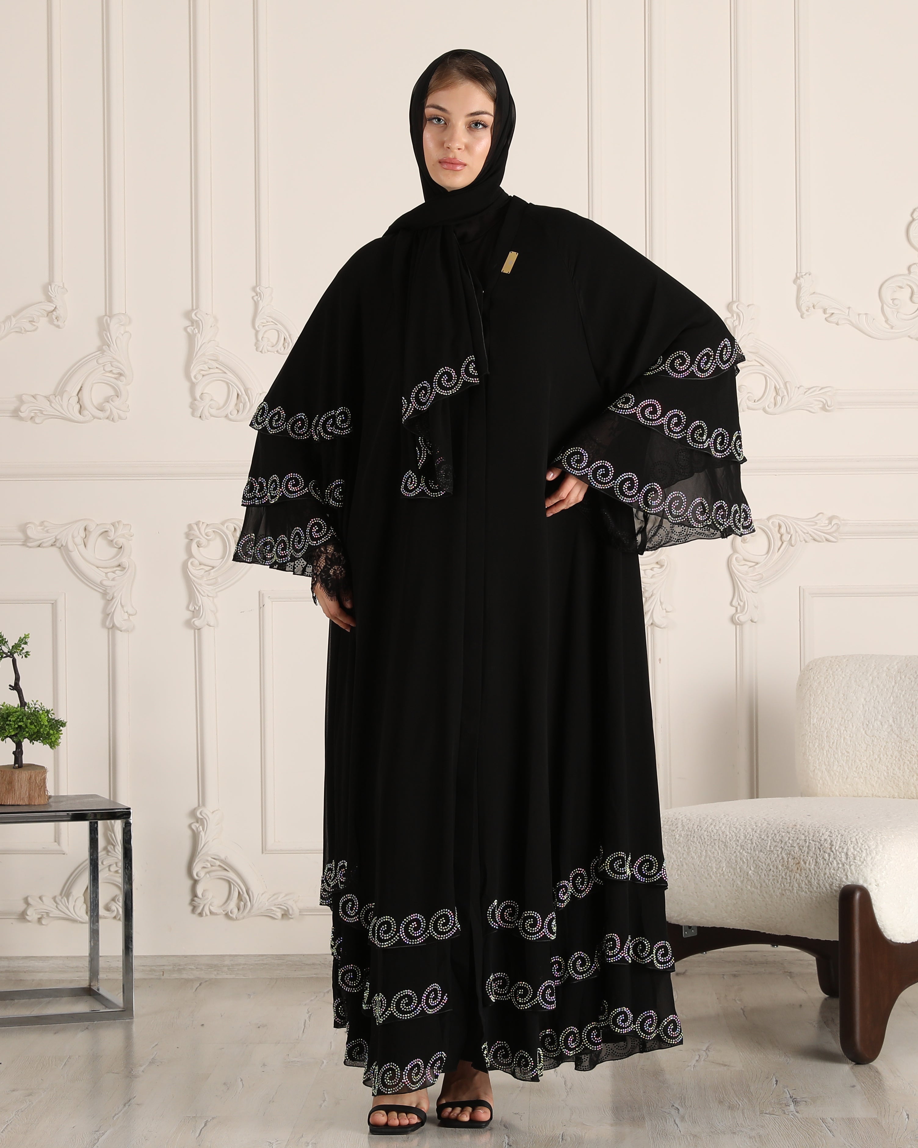 Elegance in Black: Chiffon Abaya with Stone Embroidery