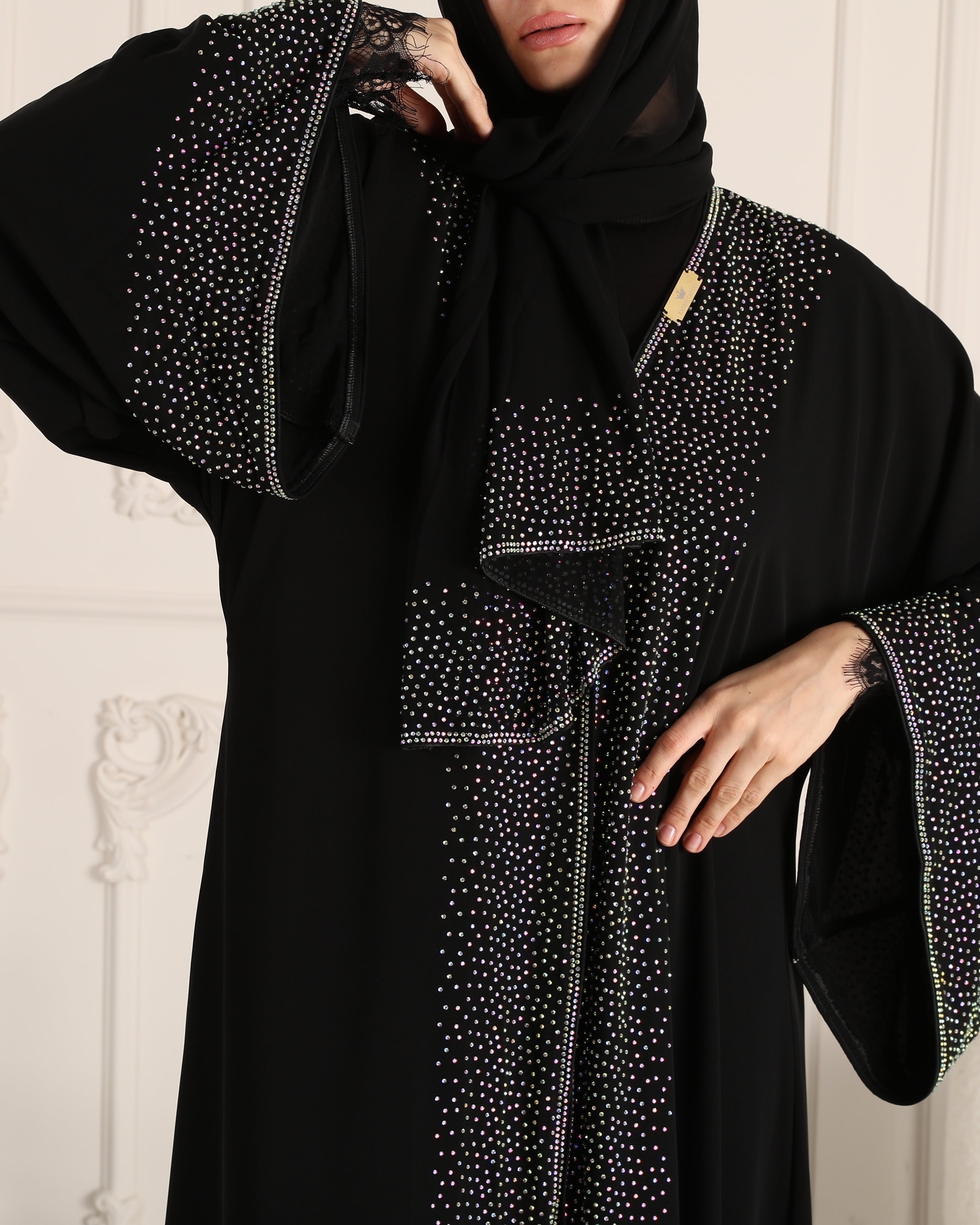 Radiant Rainbow Delight: Chiffon Abaya with Embroidered Stones