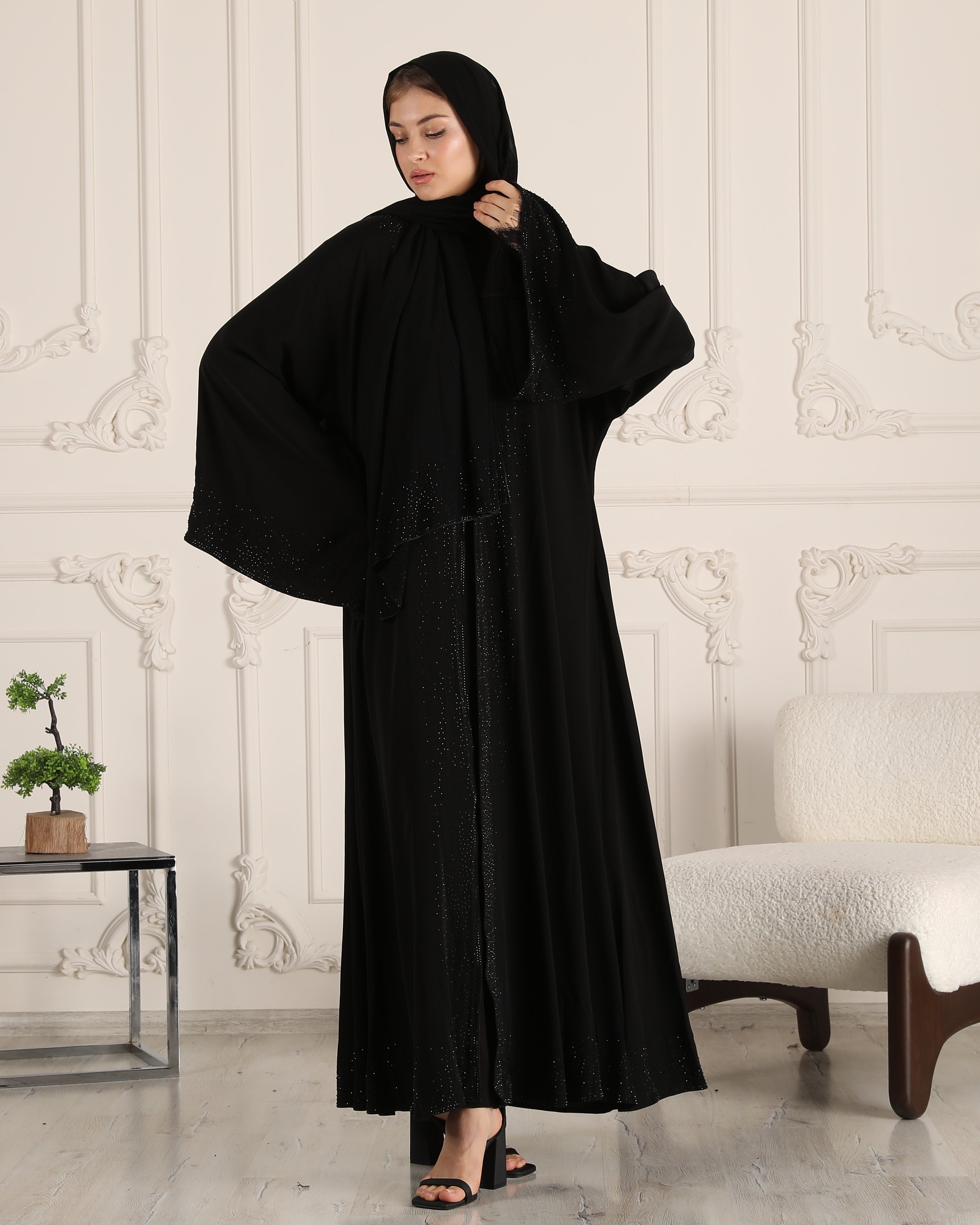 Timeless Elegance: Chiffon Abaya with Embroidered Black Stones