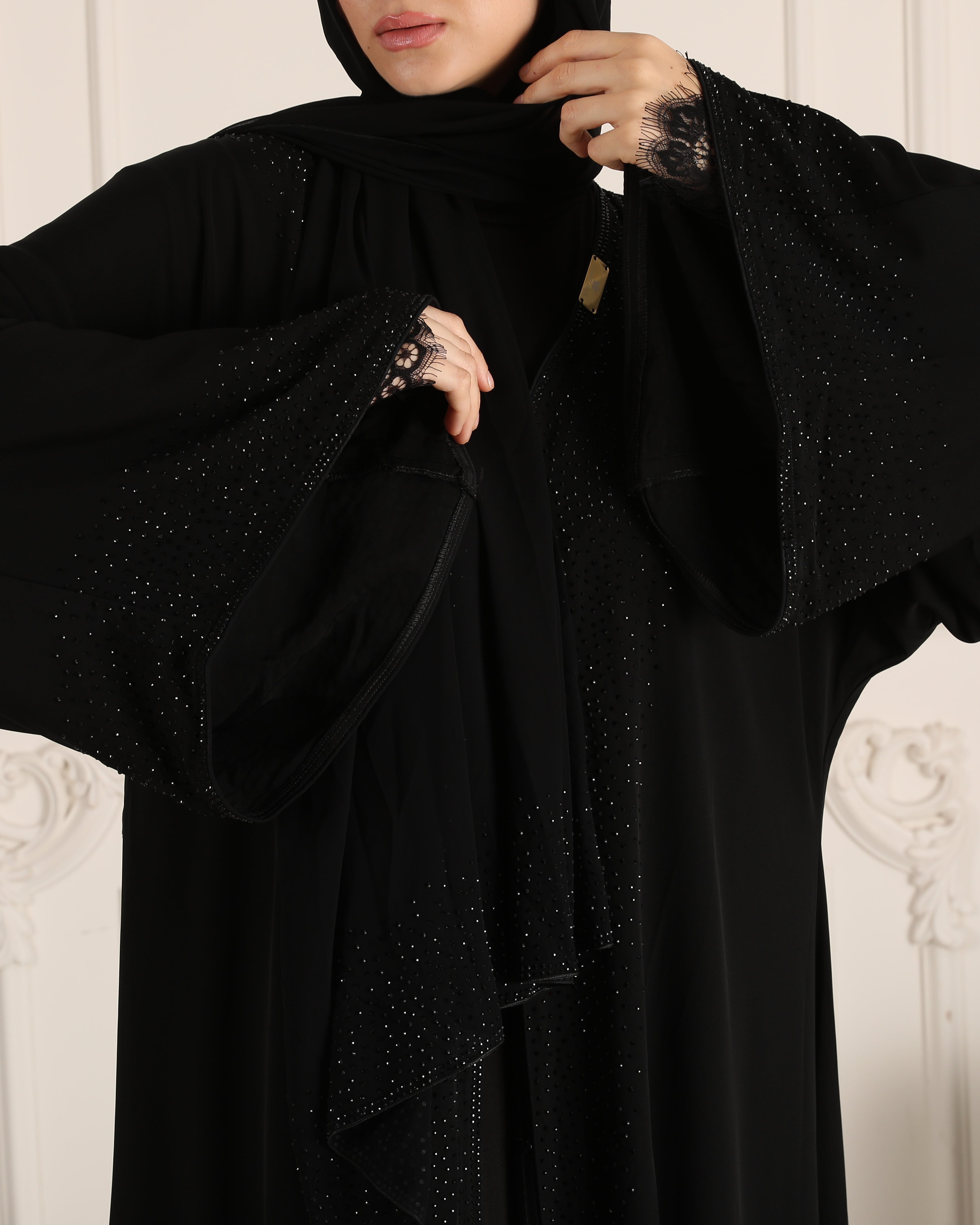 Timeless Elegance: Chiffon Abaya with Embroidered Black Stones