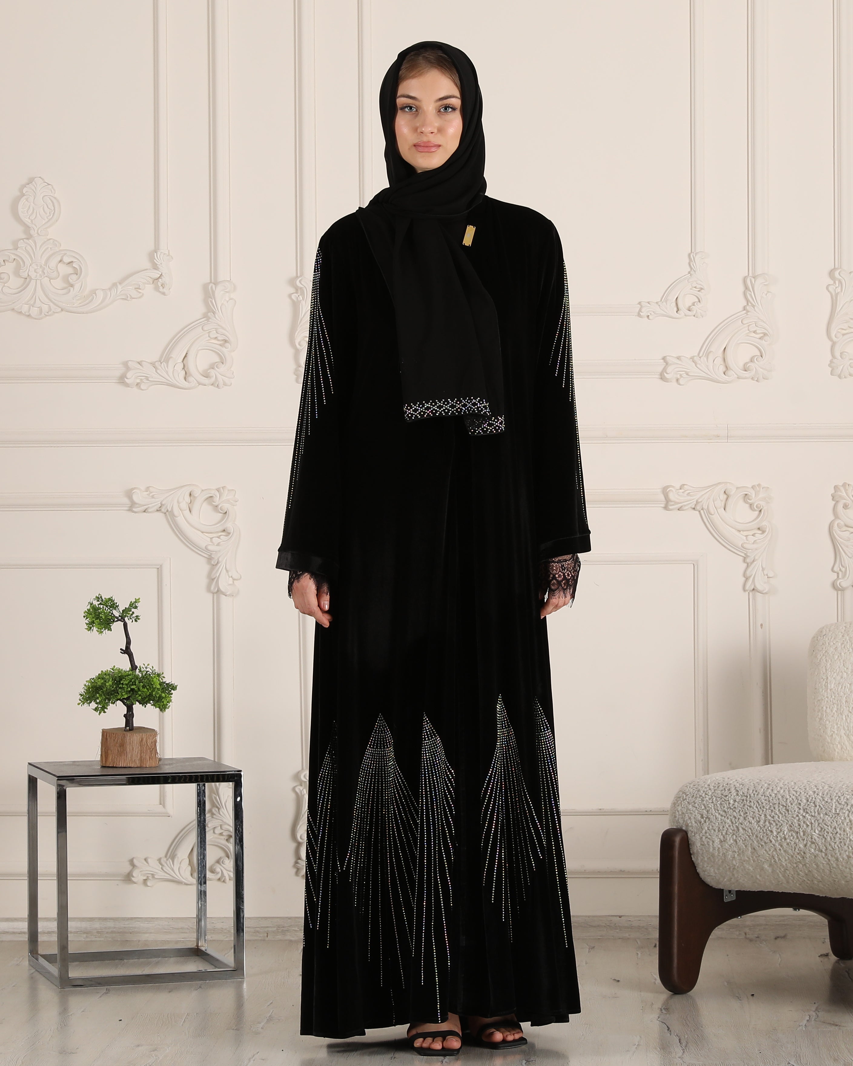 Luxurious Velvet Elegance: Embroidered Stones Abaya