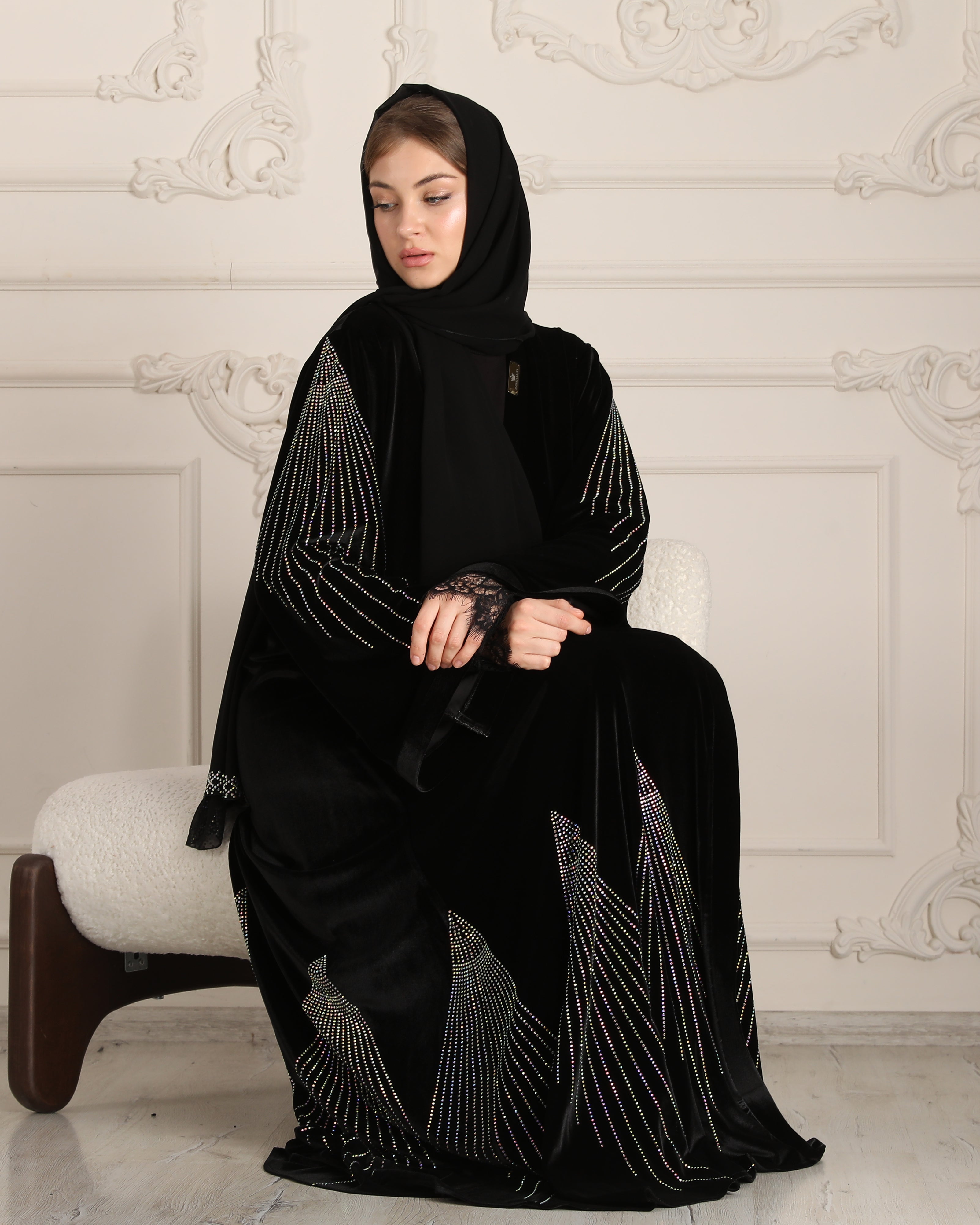 Luxurious Velvet Elegance: Embroidered Stones Abaya