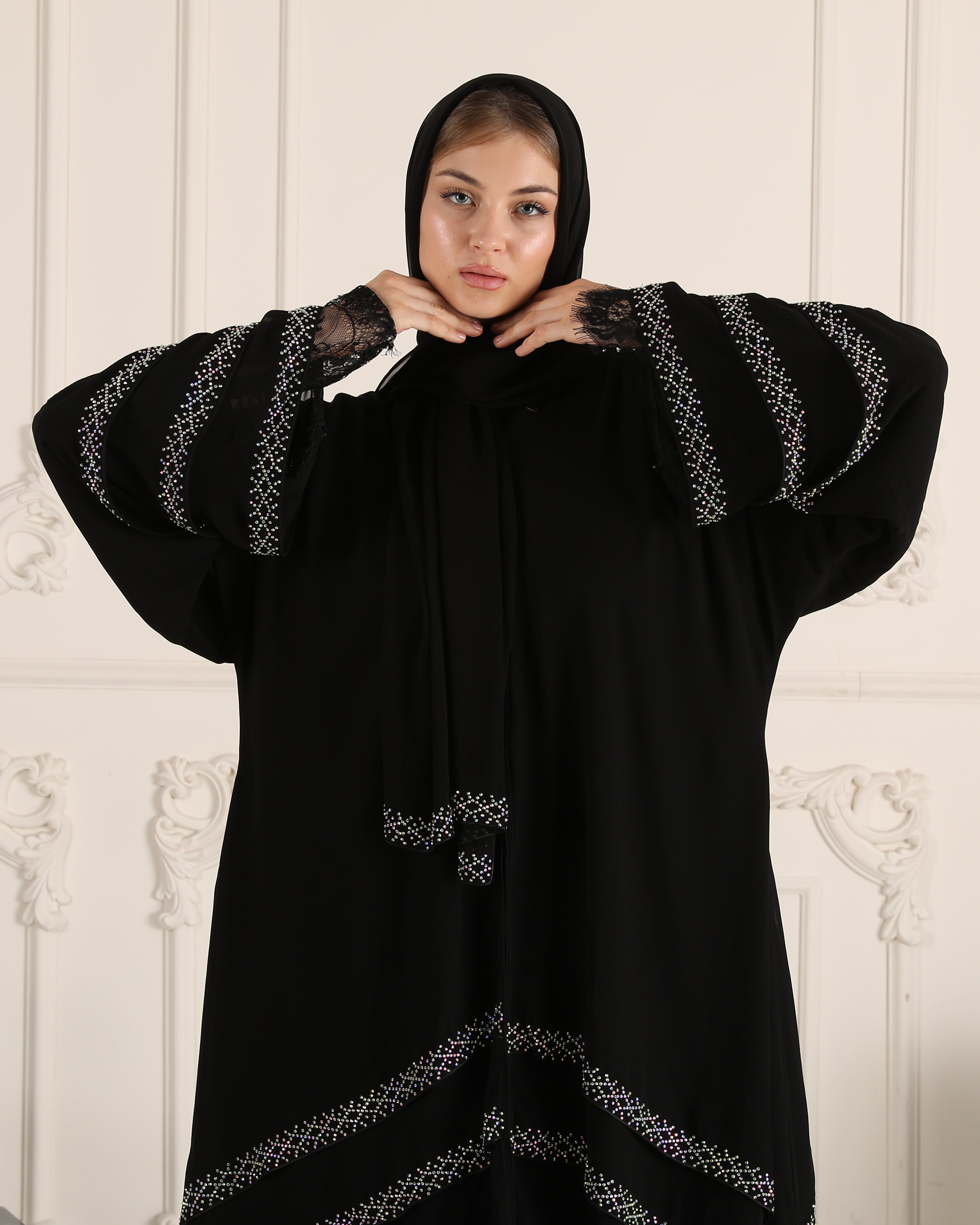 Vibrant Elegance: Chiffon Abaya with Rainbow Embroidered Stones