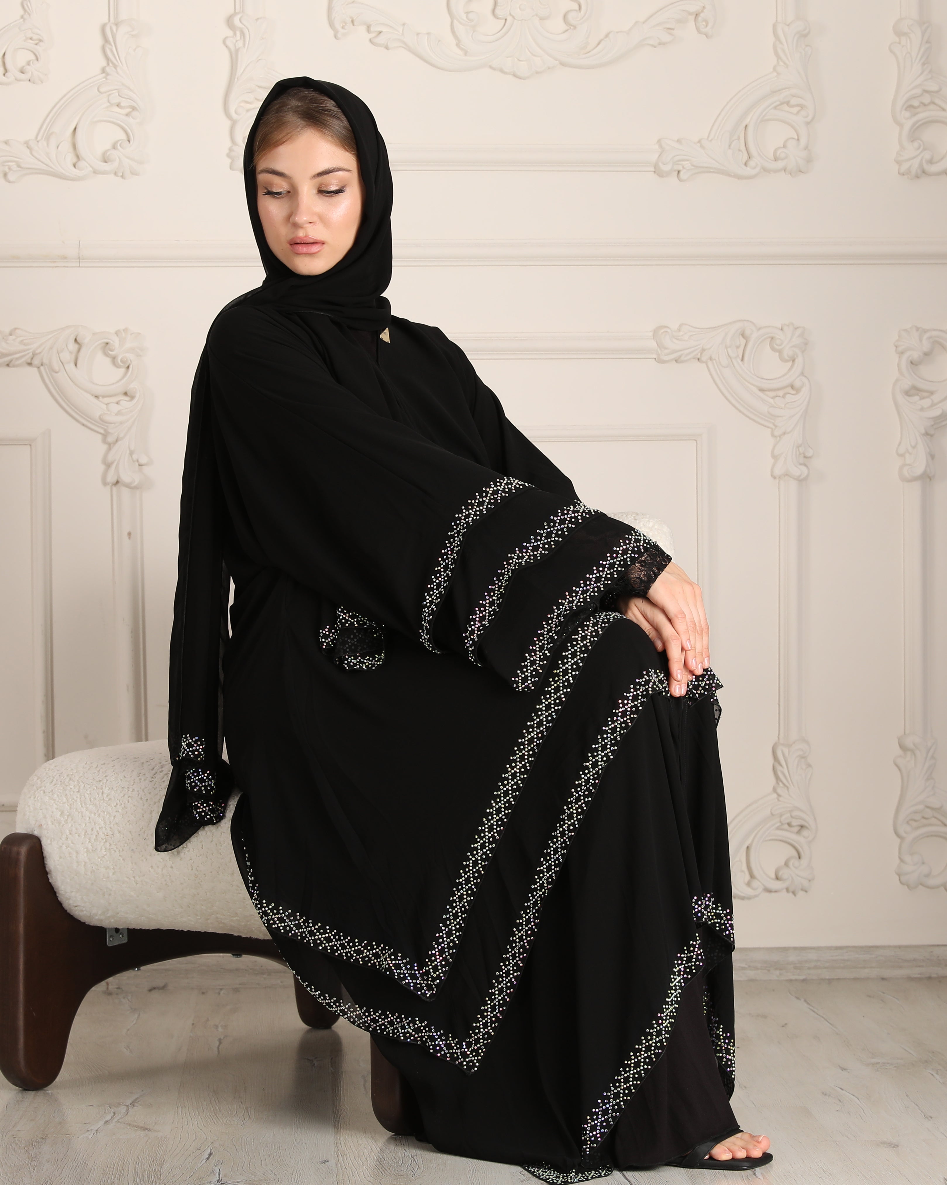Vibrant Elegance: Chiffon Abaya with Rainbow Embroidered Stones