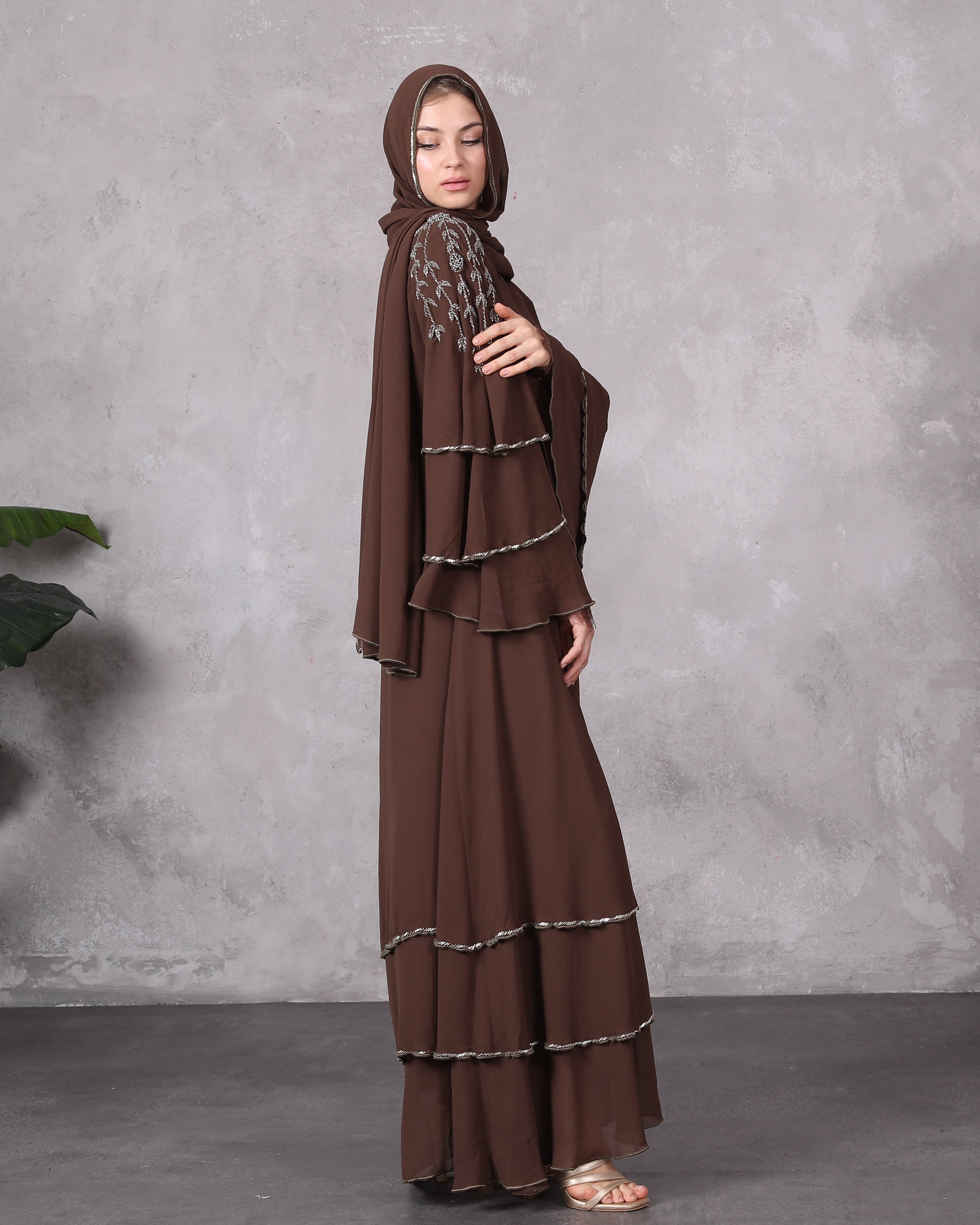 Elegance in Layers: Barbie Dark Brown Three-Layer Chiffon Abaya with Handmade Stones